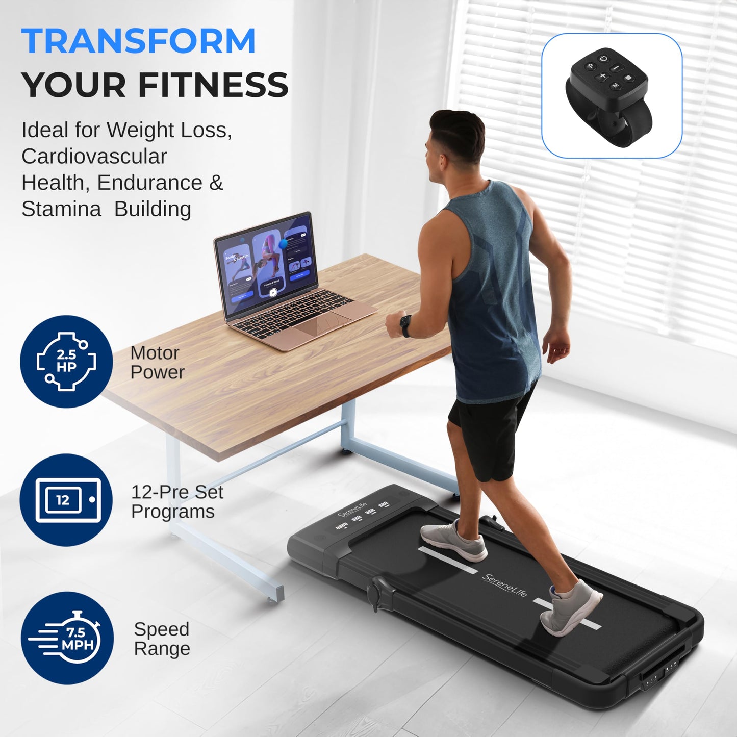 SereneLife Foldable 2 in1 Treadmill & Walking Pad with Remote Control, Speed 7.6 MPH Compact Under Bed, 2.5 HP, App Support, Easy Assembly and Storage, for Walking or Jogging, 265lbs Capacity