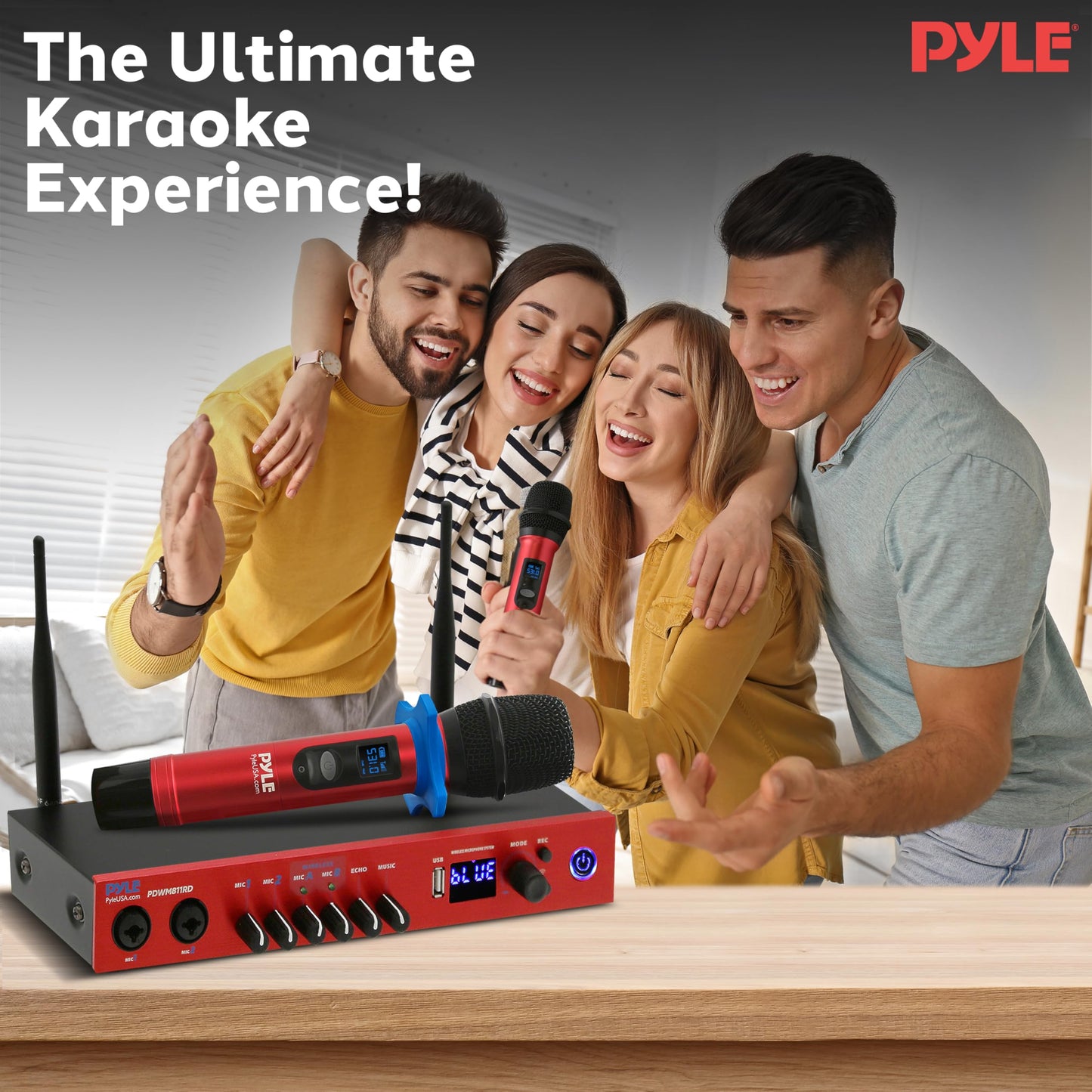 Pyle UHF Wireless Microphone System, Bluetooth, Handheld Mics, Receiver Base, Selectable Frequency, Karaoke, Professional Use, Battery Operated, 165 ft Range, Echo Control, Includes Cables