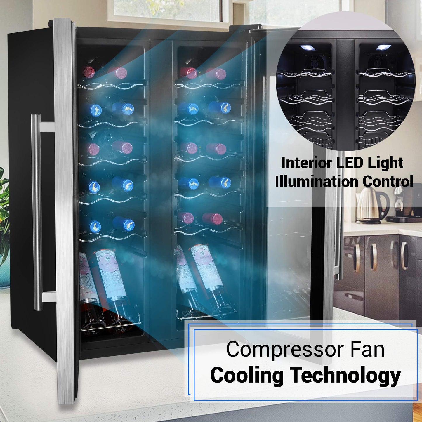 24 Bottle Wine Cooler Refrigerator - White Red Wine Fridge Chiller Countertop Wine Cooler - Freestanding Compact Mini Wine Fridge 24 Bottle w/Digital Control, Stainless Steel Door - NutriChef PKCWC24