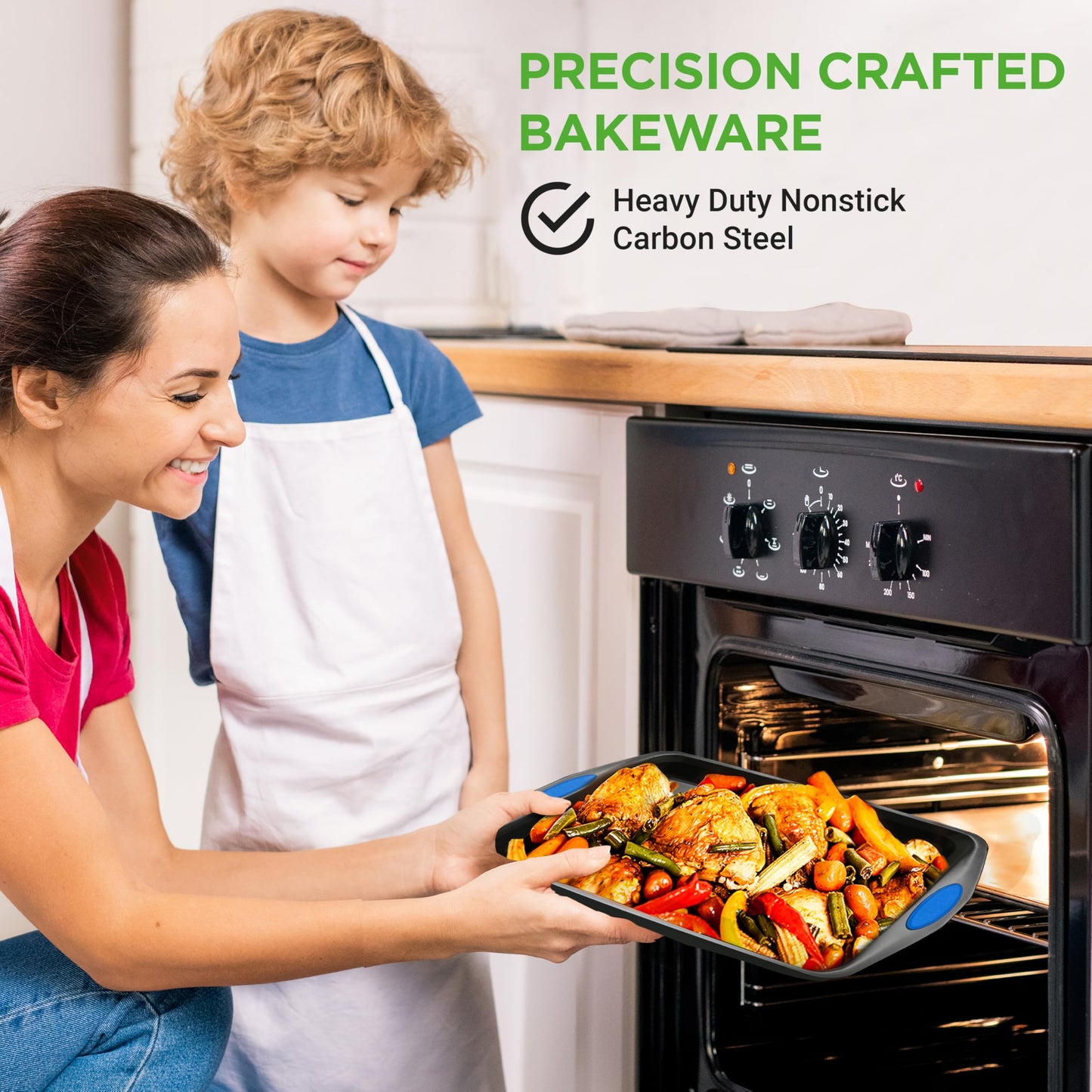 NutriChef 3-Piece Baking Pan Set - Premium Nonstick Carbon Steel Bakeware w/ Silicone Handles - Includes Large, Medium, & Small Pans for Baking & Roasting - PFOA, PFOS, PTFE Free - Gray