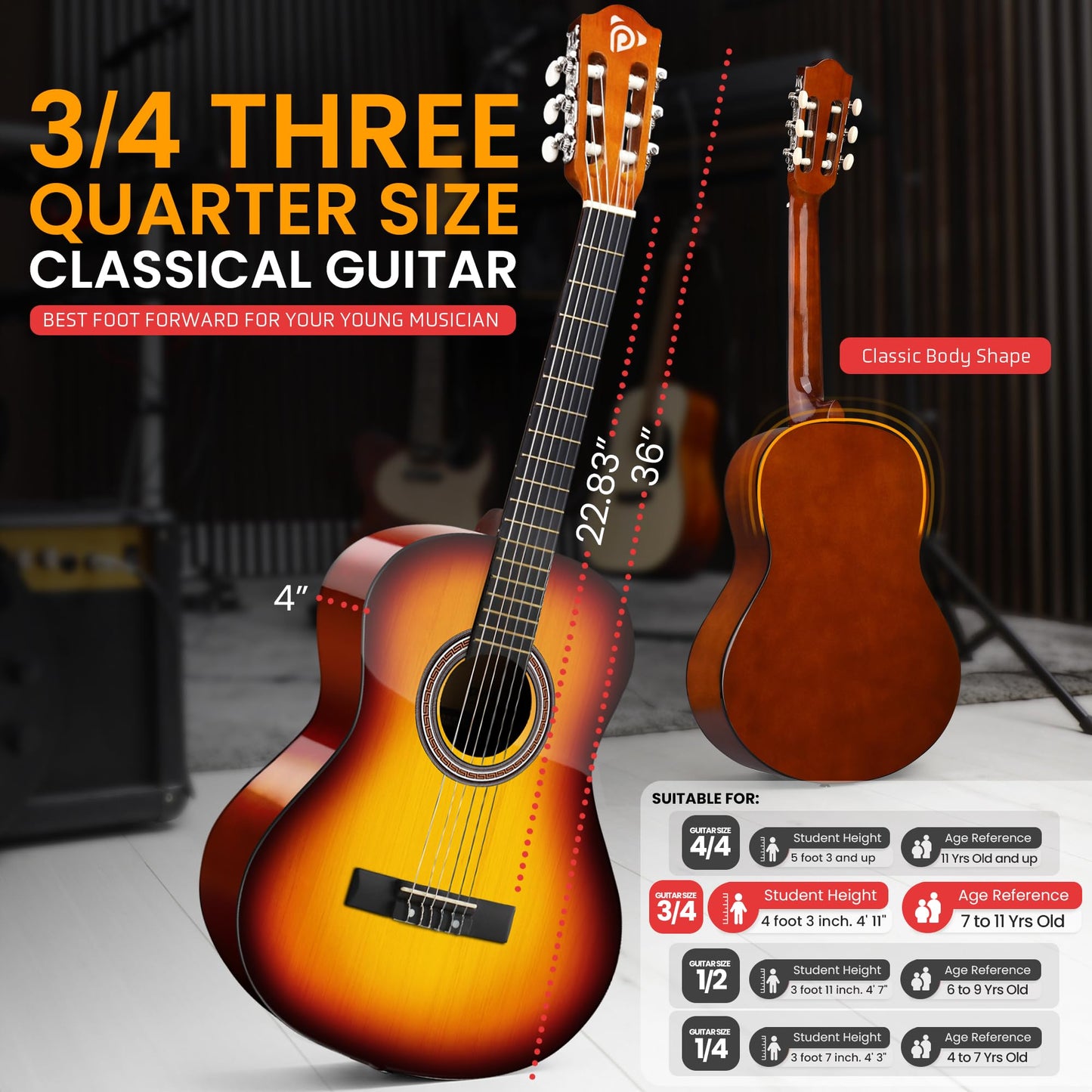 Pyle Beginner Acoustic Guitar Kit, 3/4 Junior Size All Wood Instrument for Kids, Adults, 36" Brown Gloss
