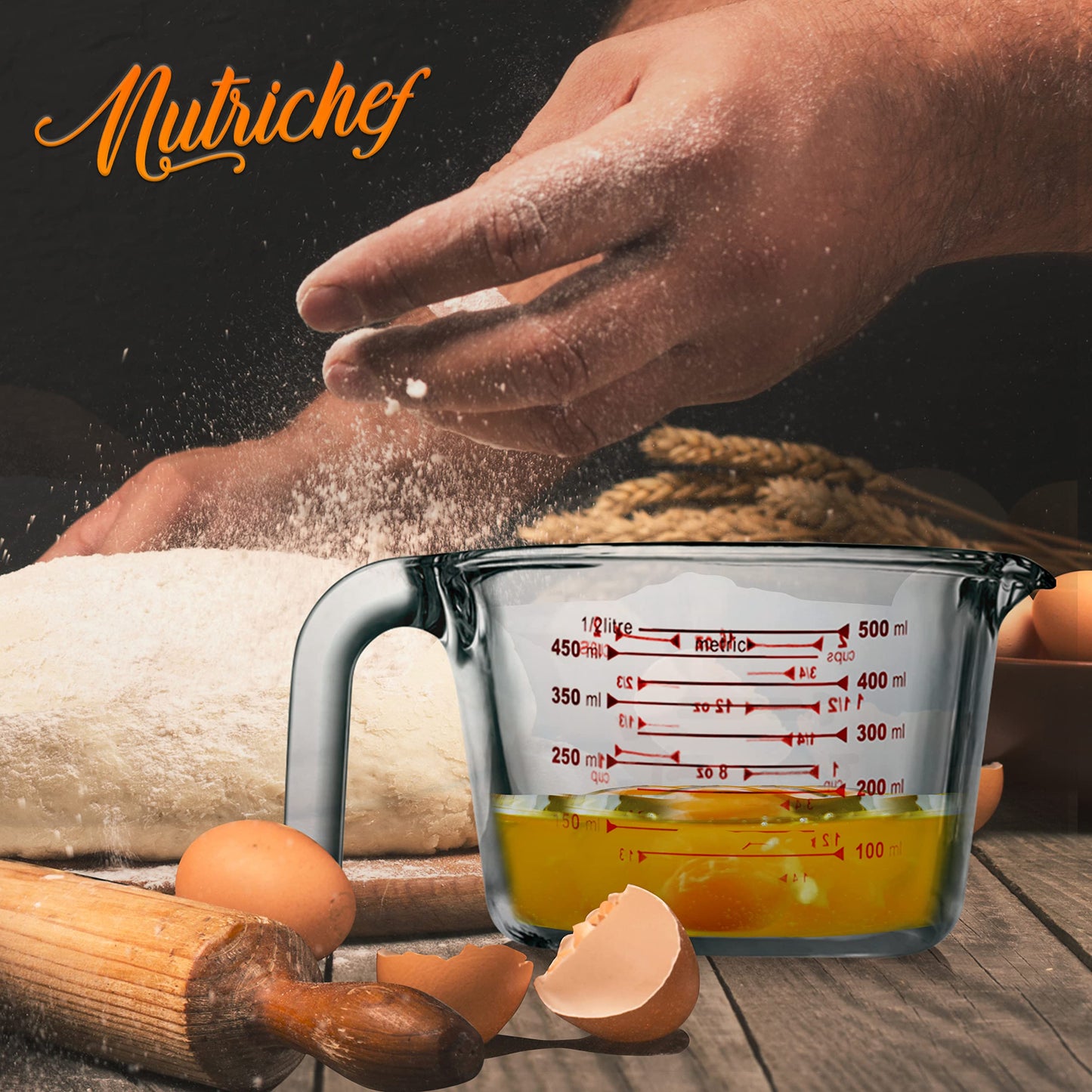 NutriChef High Borosilicate Glass Measuring Cup with Customized Decal Scale, 500 ml, Safe to Use in Microwave and Freezer, Oven and Dishwasher Safe