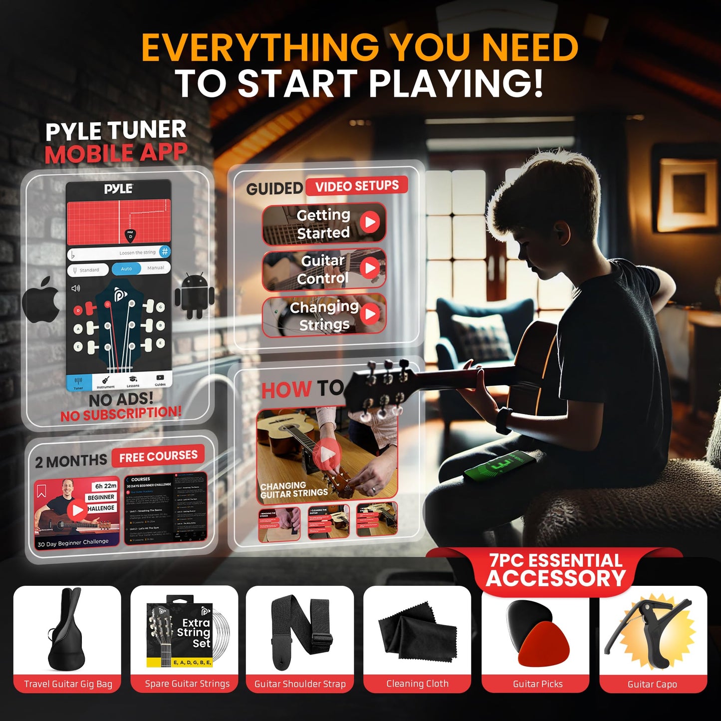 Pyle 6 String HOME_APPLIANCES, Right, Black Gloss, 30" (PGACMS30BK)