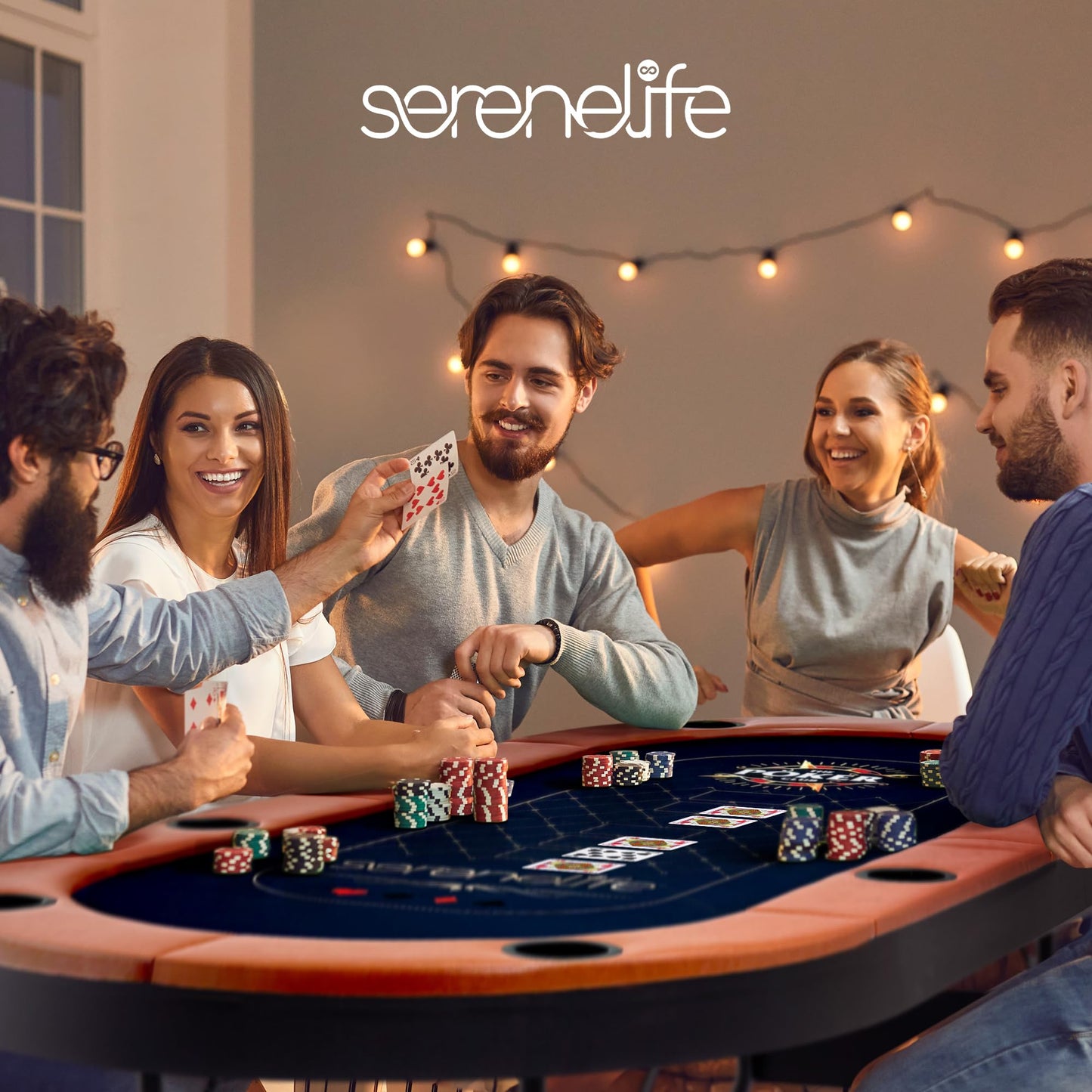 SereneLife 6ft Foldable Poker Game Table, 8 Player Casino Style Oval Card Table with Cushioned Rails, 8 Cup Holders, Metal Legs, Water-Resistant, Felt-Surface, Games Table 71.65"x32.28"x29.13" Inch