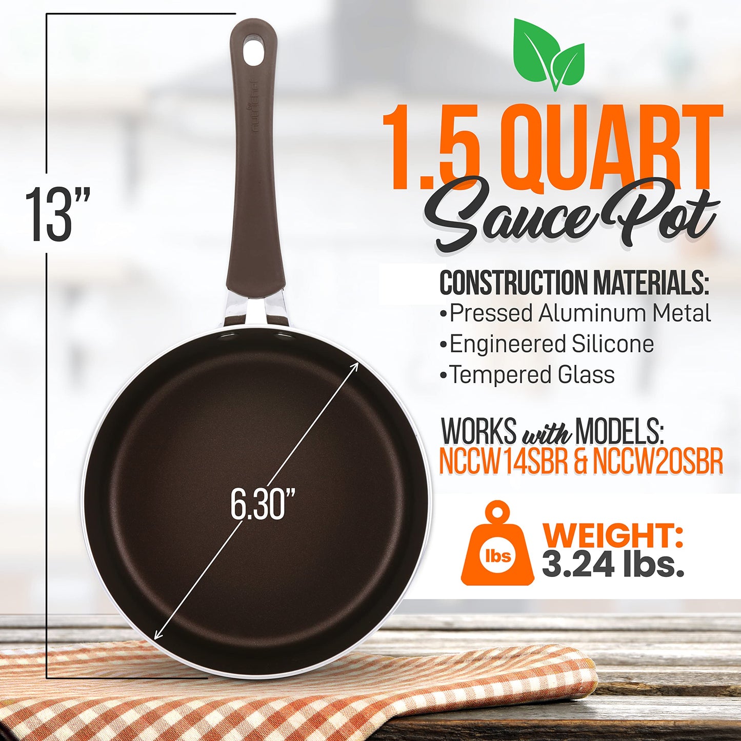 NutriChef Sauce Pot with Lid - Long Lasting Non-Stick High-Qualified Kitchen Cookware with See-Through Tempered Glass Lids, 1.5 Quart (Works with Models: NCCW14SBR & NCCW20SBR) - NCCW14SBR1SP