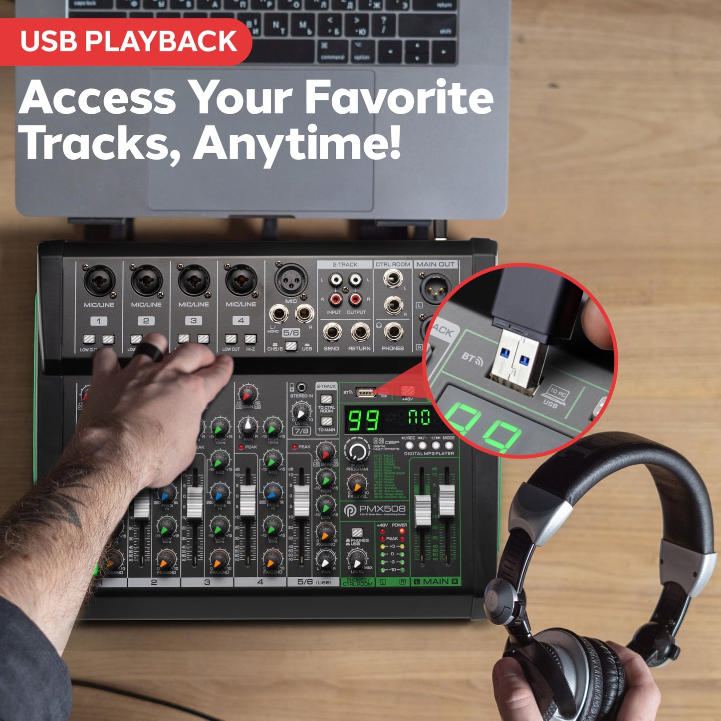Pyle 8-Channel Audio Mixer - Bluetooth 5.0 Studio Mixer/DJ Controller with Digital Effects - USB Interface - MP3 Compatible - XLR Inputs and LED Display - Audio Mixing Sound Board System - PMX508