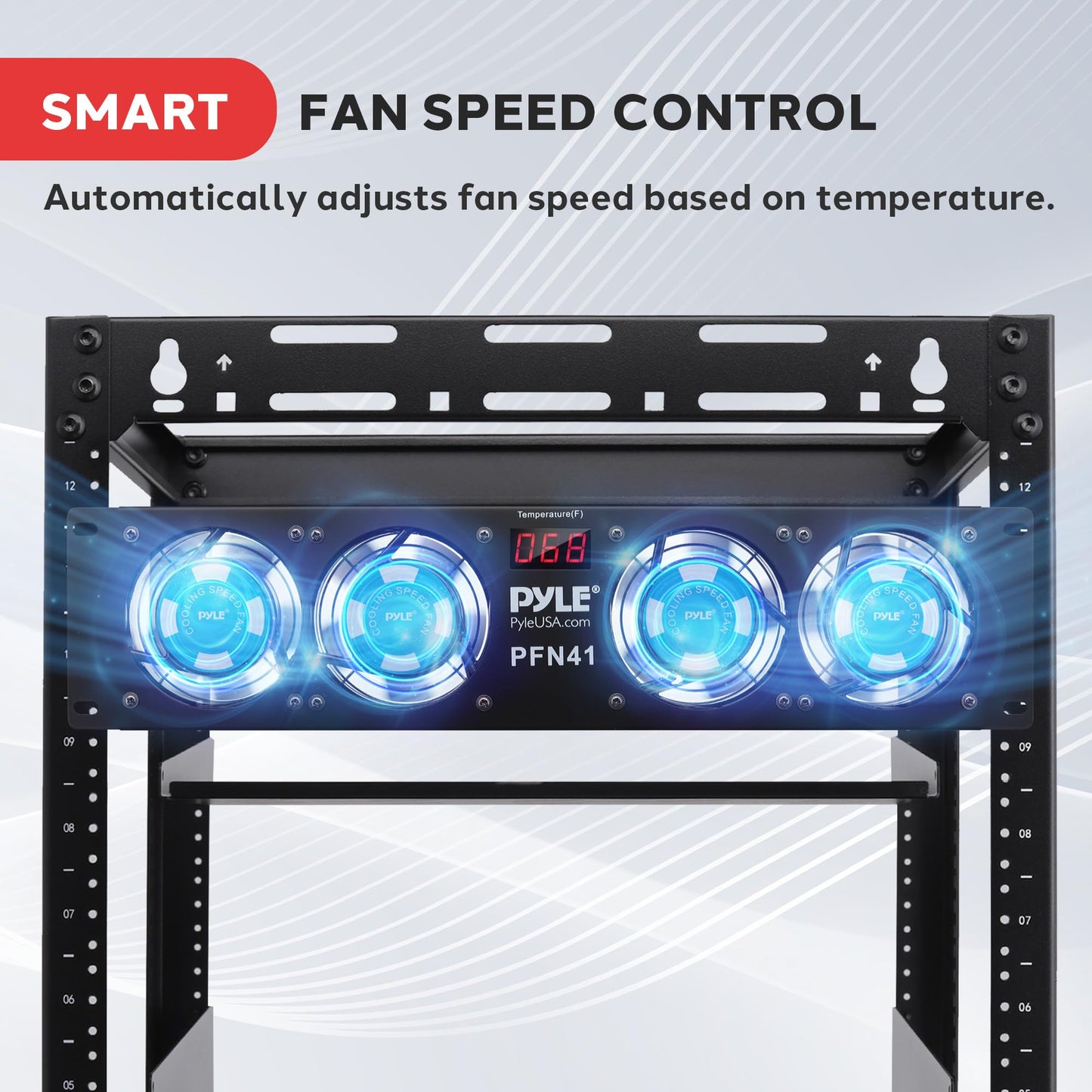 Pyle 19” Rack-Mount Equipment Cooling Fans - 110V/60Hz Power, 4 Cooler Master 80mm Case Fans, Smart Cooling System, Digital LCD Temperature Display & Installation Hardware Screw Included -PFN41