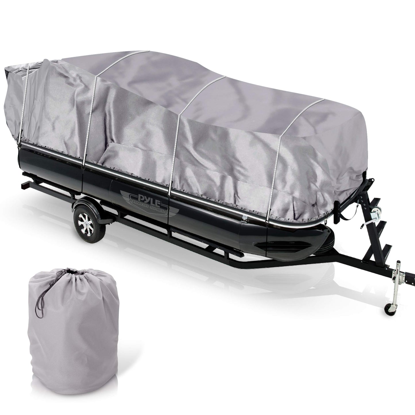 PYLE Boat Cover, Boat, Boat Covers, Heavy Duty Trailerable Waterproof Marine Grade Polyester, Fits Pontoon/Deck Boats 21-24 ft, Beam Width up to 94", Includes Storage Bag, Gray, 300D PU Coated