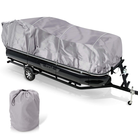 PYLE Boat Cover, Boat, Boat Covers, Heavy Duty Trailerable Waterproof Marine Grade Polyester, Fits Pontoon/Deck Boats 21-24 ft, Beam Width up to 94", Includes Storage Bag, Gray, 300D PU Coated