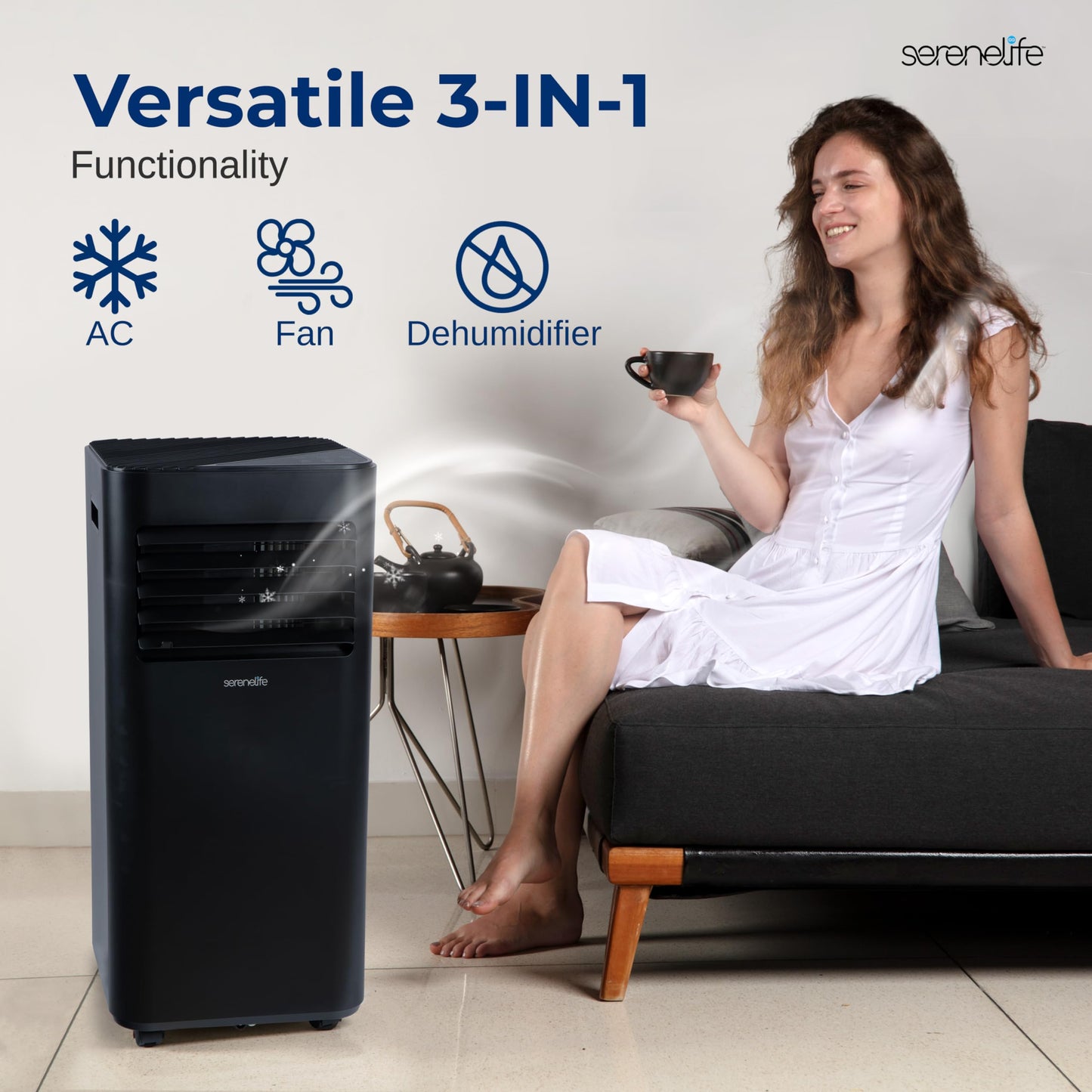 SereneLife 8000 BTU Portable Air Conditioner - 3-in-1 Portable AC Unit for Bedroom Up to 300 Sq.Ft, 24H Timer, Remote Control, Sleep Mode, Wheels, with Window Mount Kit, Black
