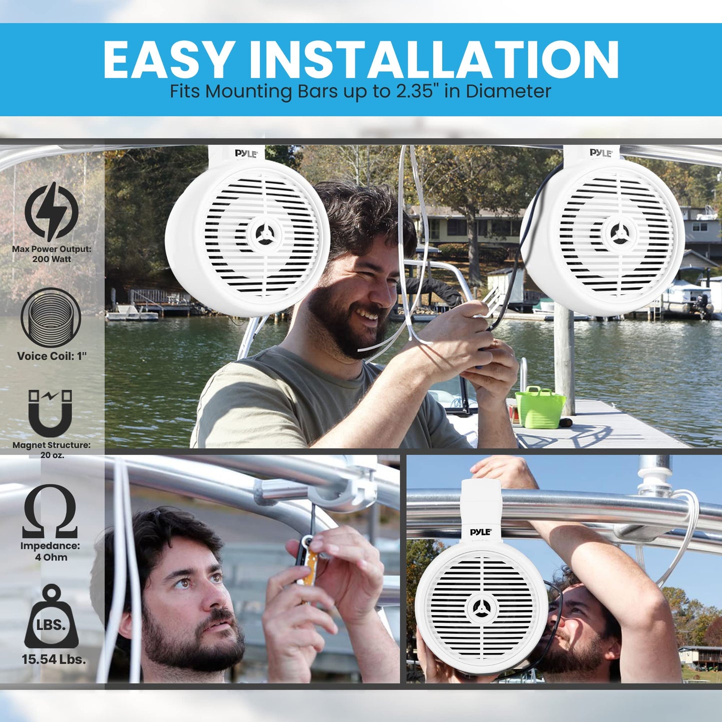 PyleUsa 8” Waterproof Off-Road Speakers - 300W 2-Way Marine Wakeboard Tower Sound System w/LED Light, Full Range Outdoor Stereo Speaker for Car, ATV, UTV, Jeep, Boat, Includes Brackets (White)