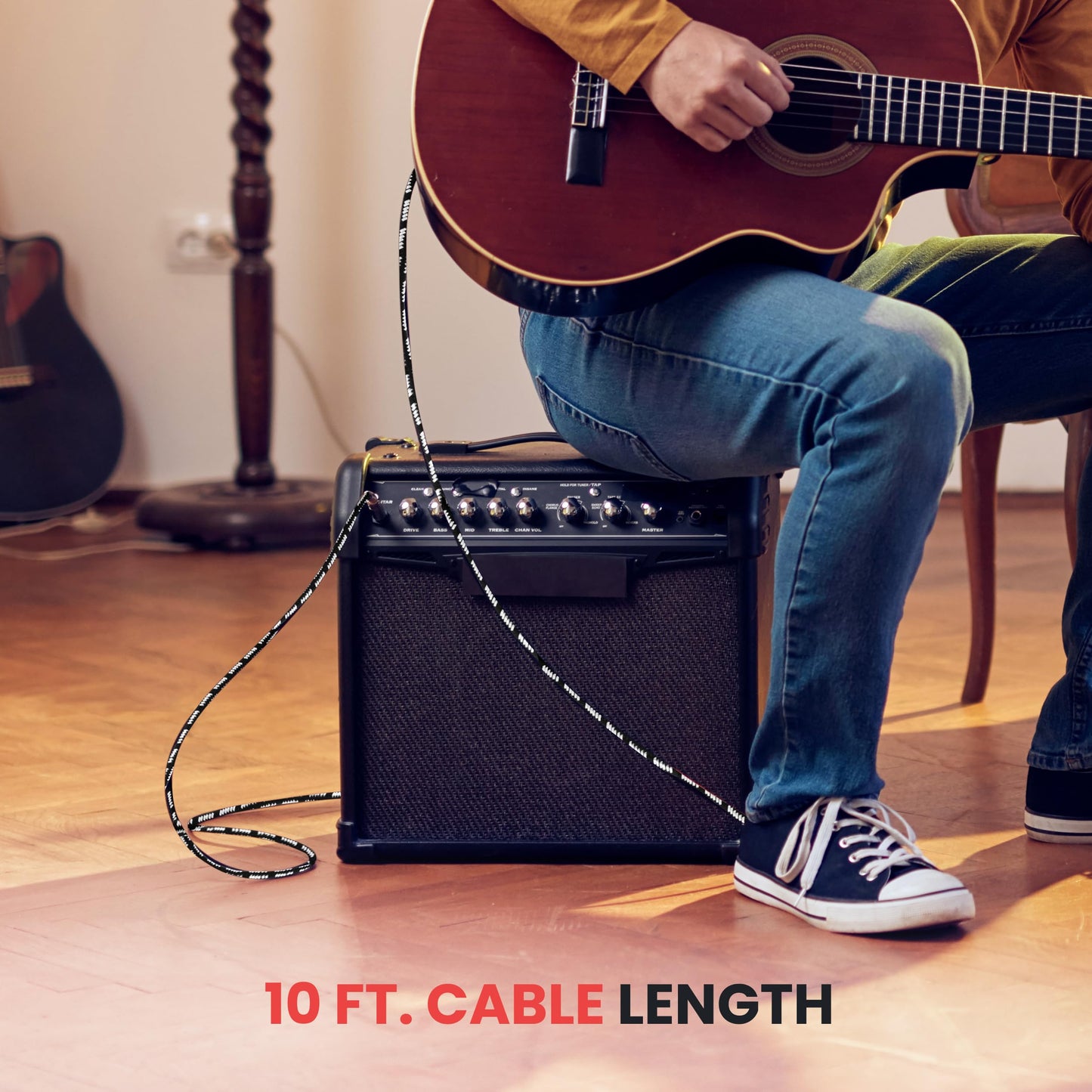 PyleUsa 10 Ft. Guitar Instrument Cable - AMP Cord Straight 1/4-Inch TS to Straight for Electric Guitar, Bass, Keyboard, Flexible Tweed Jacket, Gold Plated Plug - PPJJ101