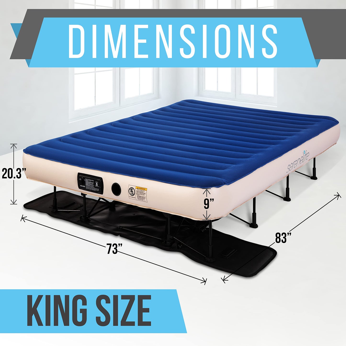 SereneLife EZ Bed Air Mattress with Frame and Rolling Case, Self-Inflating Airbed with Built in Pump for Travel and Hosting, King
