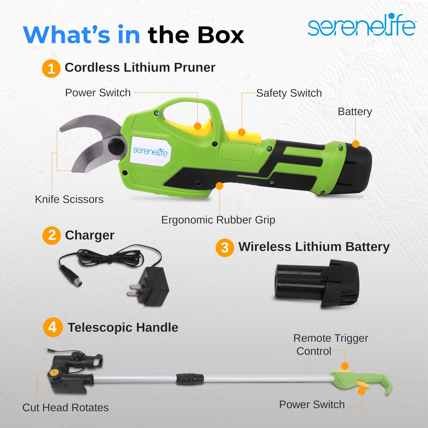 Serenelife Cordless Pruning Shears & Branch Cutter - Electric Pruner with 6 feet of Extension Reach - Rechargeable Battery & .98 IN Cutting Diameter - Ideal for Bushes, Roses, Gardens & Branches