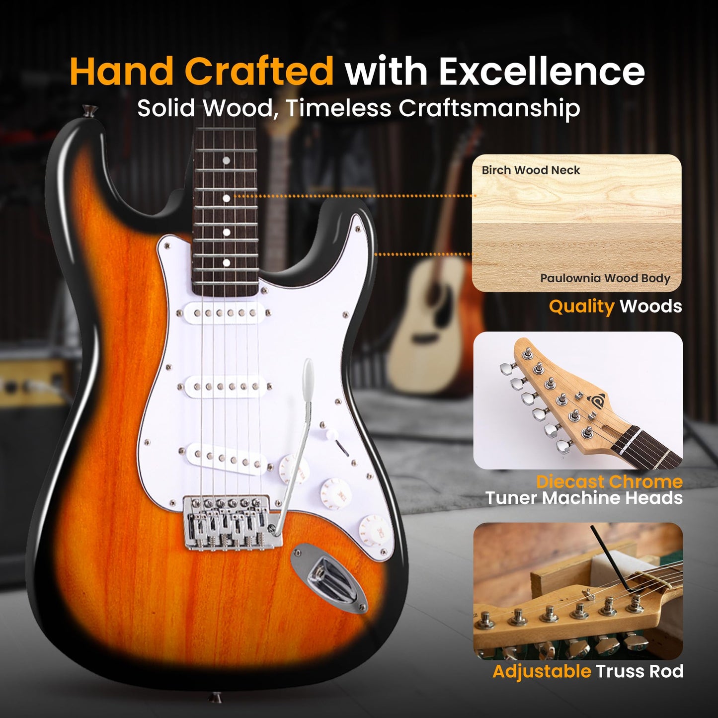 Pyle Full Size Electric Guitar Kit with 5W Amplifier, Gig Bag, Picks, Spare Strings, and Strap, ST-Style Beginner Guitar Bundle with 22 Frets, Paulownia Wood Body, Sun Burst