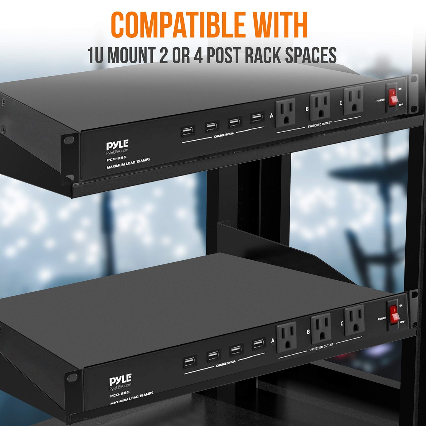 Pyle 19 Outlet 1U Rackmount Power Distribution Unit - Surge Protector - 15 Amp Circuit Breaker - 4 USB Ports - 15FT Cord - Power Supply for Servers, Audio Equipment, Home/Office Use - PCO865