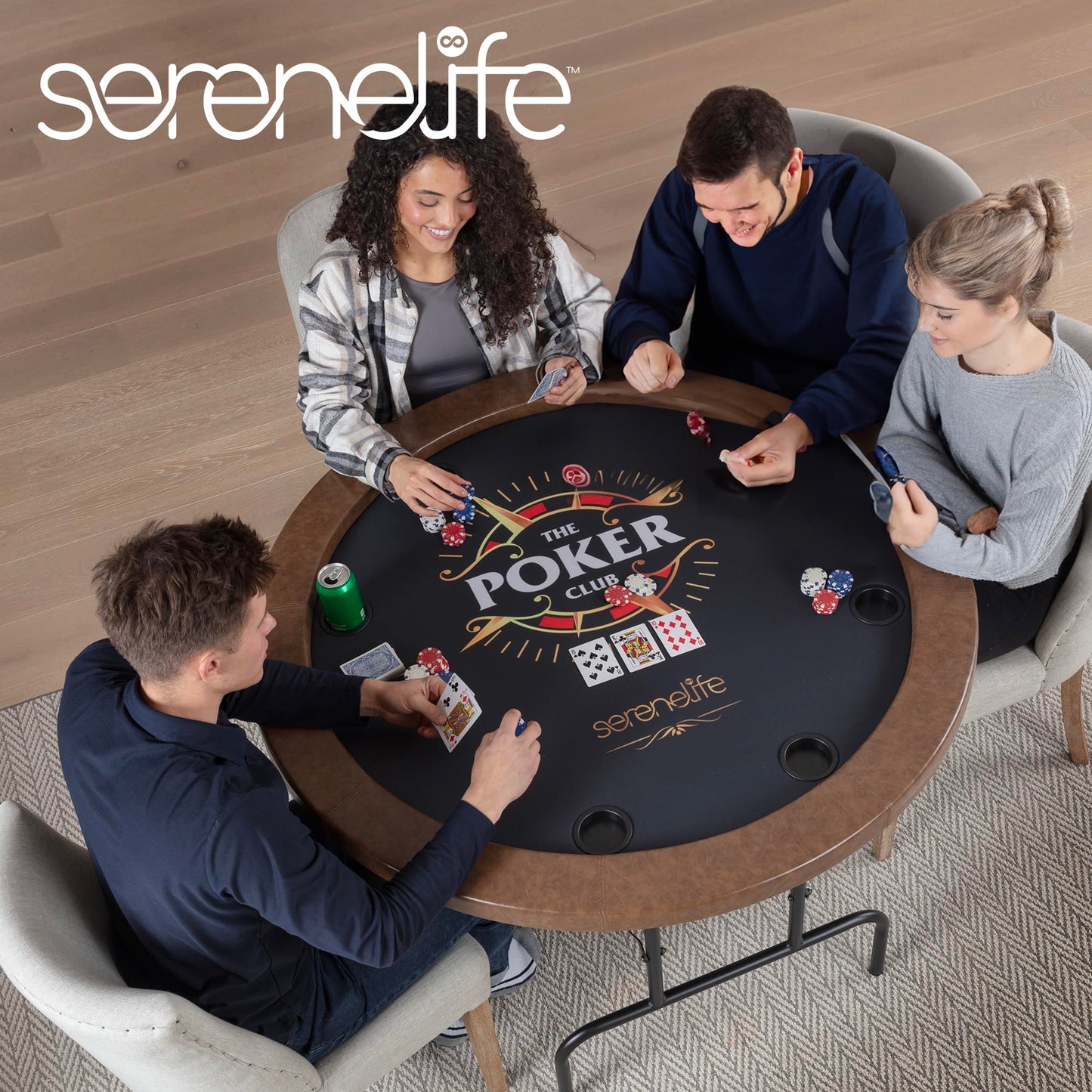 SereneLife 8- Player Round Foldable Poker Table, Casino Leisure Texas Holdem Table, w/ water Resistant Cushioned Rail, 8 Cup Holders, Brown Felt Surface, Black Jack Board & Family Games (Chocolate)