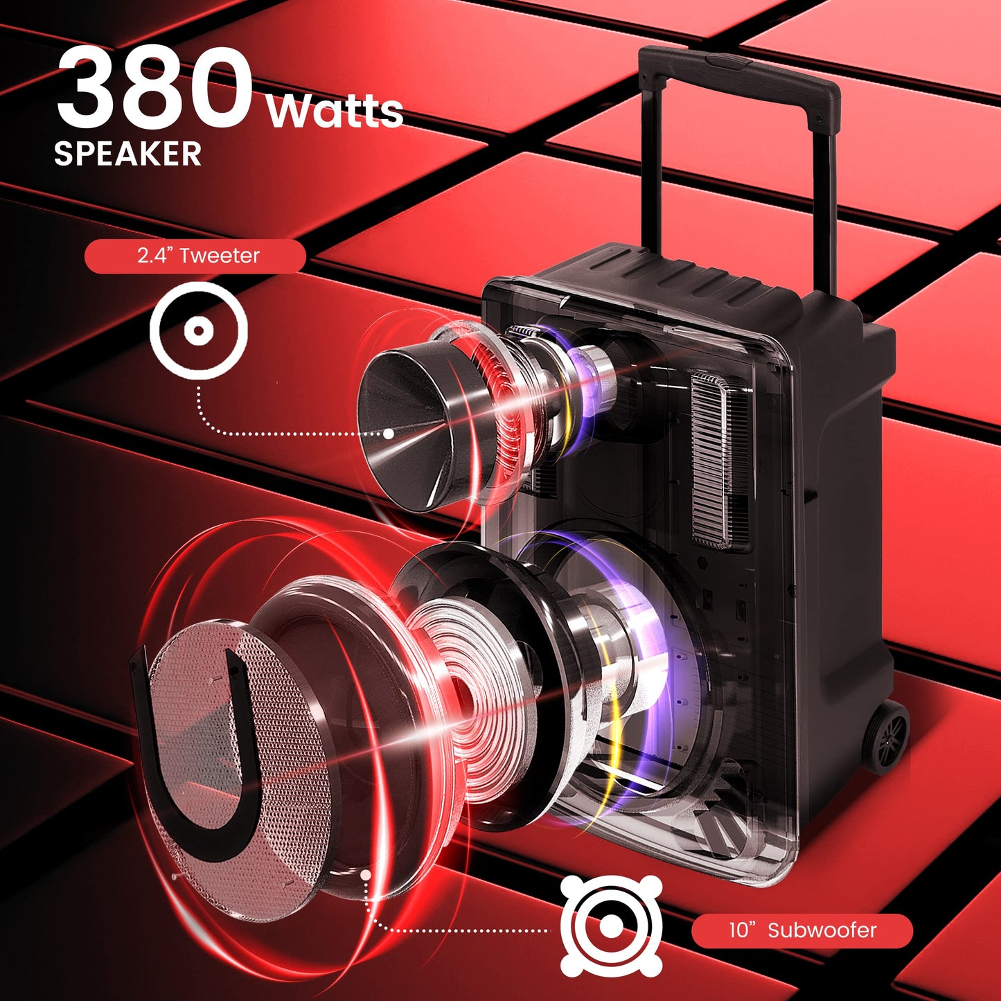 Pyle 10’’ Portable PA Speaker System - Wireless BT Streaming PA & Karaoke Party Audio Speaker, Two Wireless Mic, Wired Microphone, Tablet Stand, Flashing Party Lights, MP3/USB//FM Radio - PHPWA10TB