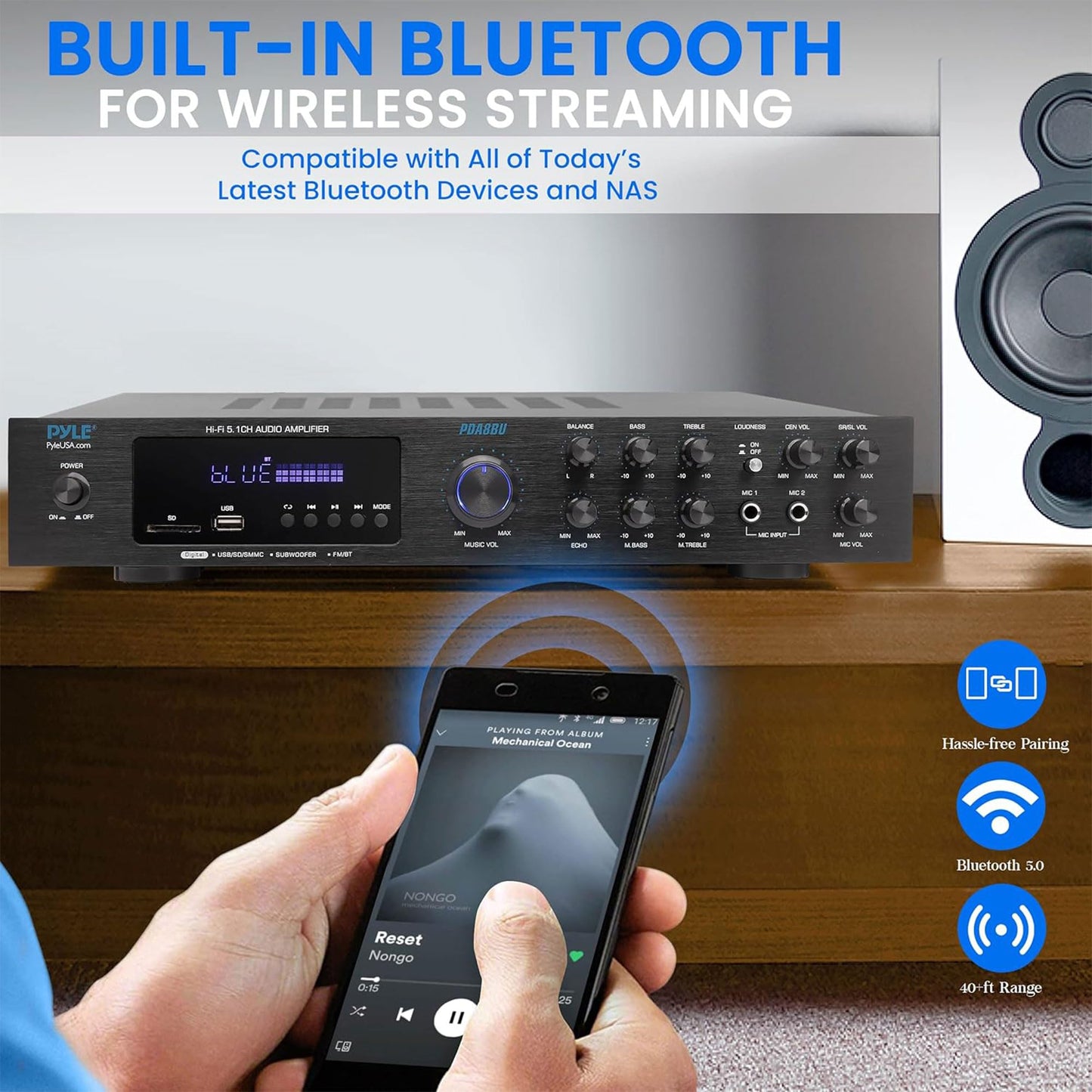 Pyle 5-Channel Wireless Bluetooth 5.0 Audio Amplifier - Stereo Amp for Home Speakers with MP3/USB/SD - AUX - FM Radio - 2 Mic Inputs w/ Echo - Subwoofer Output - VFD Display - Remote Control - PDA8BU