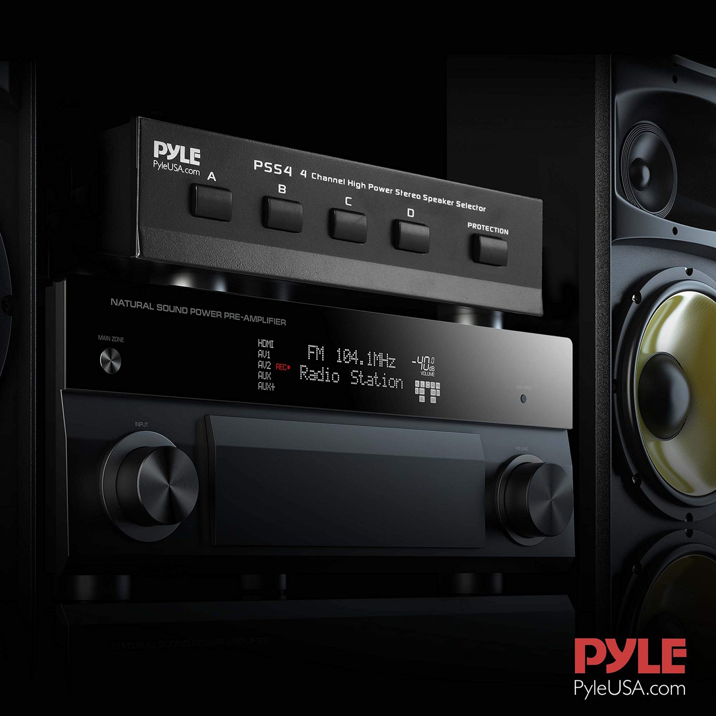 Pyle 4-Zone Speaker Switch Selector - Premium Distribution Box with A/B/C/D Switches for Multi-Channel High-Powered Stereo Amp - Supports 4 Pairs of Speakers - PSS4