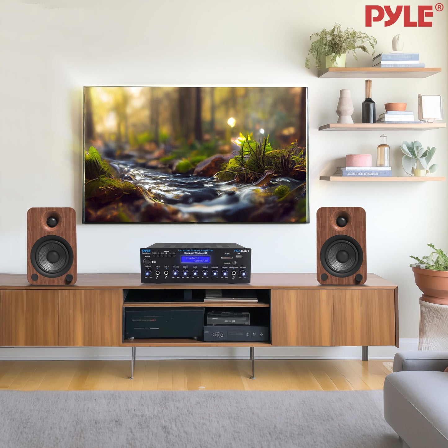 Pyle Wireless BT Stereo Amplifier - Multi Channel, 200 Watt Power, Home Audio Receiver System with FM Radio, BT, USB SD, AUX, RCA, Mic-in, BT and FM Antenna - PDA63BT
