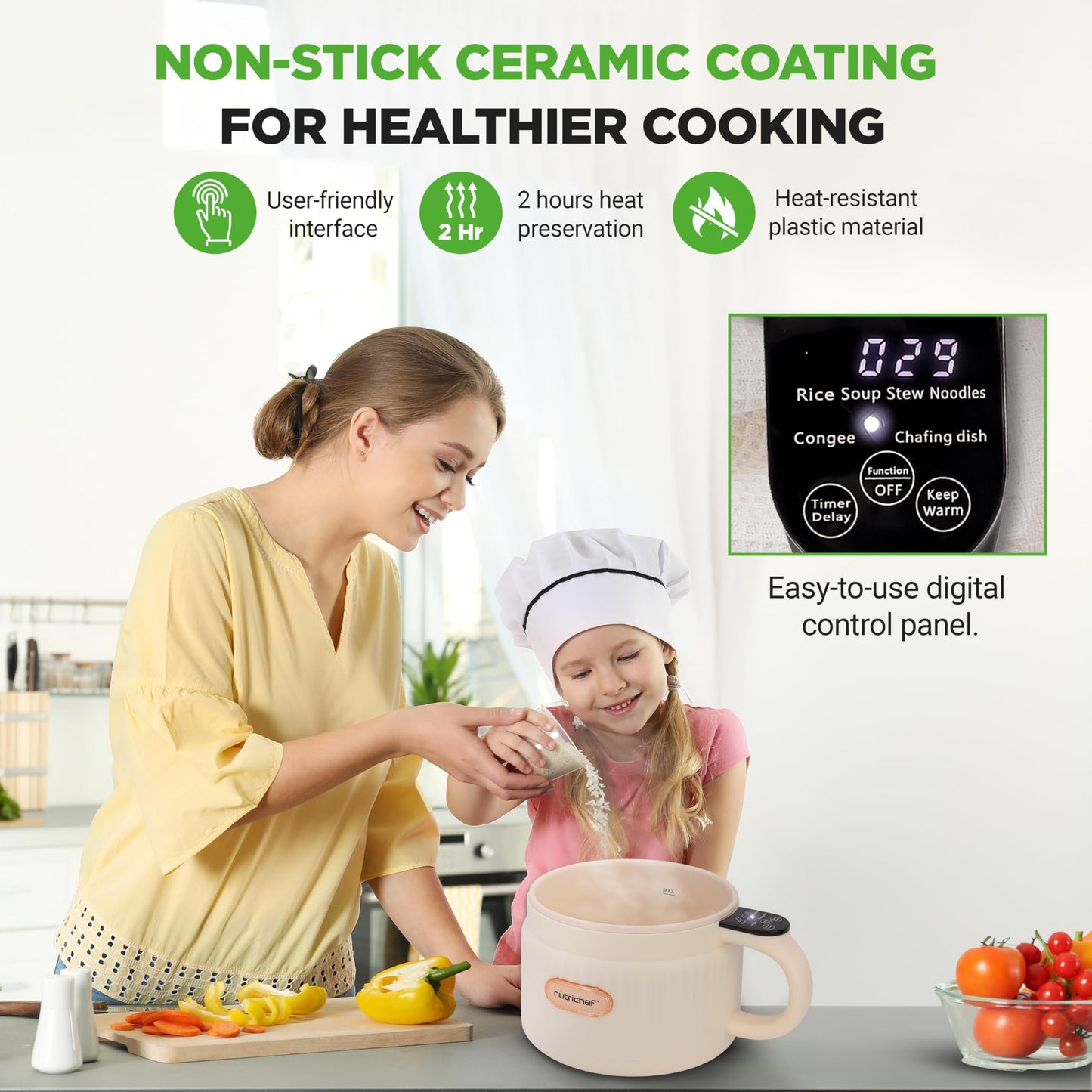 NutriChef 1.6 QT Portable Electric Rice Cooker & Lunch Maker | Multi-Functional & Non-Stick Ceramic Coating | Digital Control Panel | 6 Cook Functions: Rice, Soup, Stew, Porridge & More | White