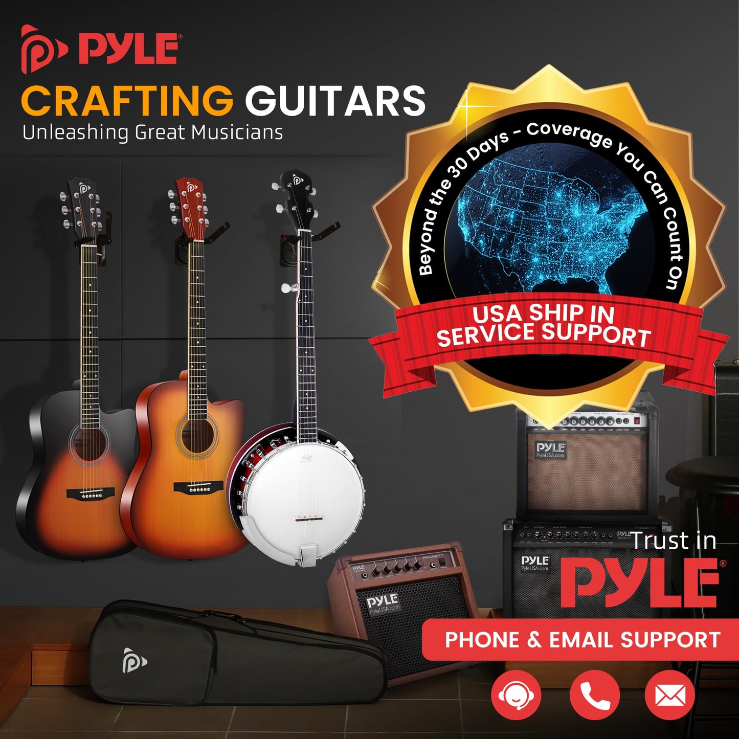 Pyle Banjo Kit with Remo Head and Sapele Resonator, 39" Full Size Traditional Open or Closed Back 5 String Instrument with 24 Brackets, Geared 5th Tuner, Premium Accessory Kit (Red Burst)