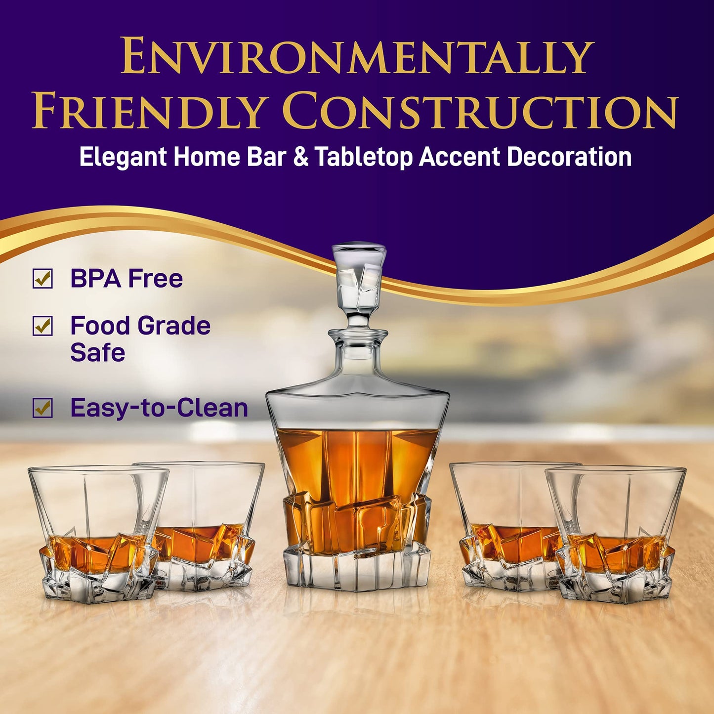 NutriChef Home Bar Whiskey Decanter Set, Glass Decanter with Four 800ml Whiskey Glasses, Elegantly Styled with Real Crystal for Maximum Flavor and Shelf Life, Naturally Aerates, Dishwasher Safe