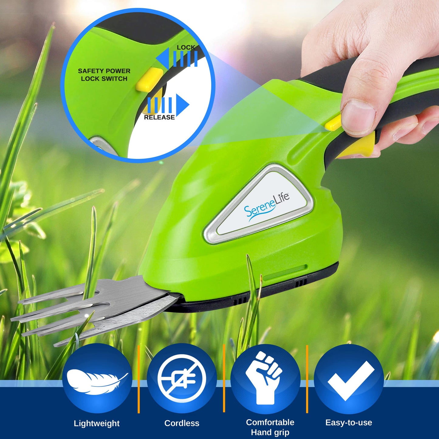 SereneLife Cordless Handheld Grass Cutter Shears, Portable Lightweight Electric Hedge Trimmer, Hand Held Garden Clippers Powered with Rechargeable 3.6V Battery, Changeable Blade Trimmers Light Green