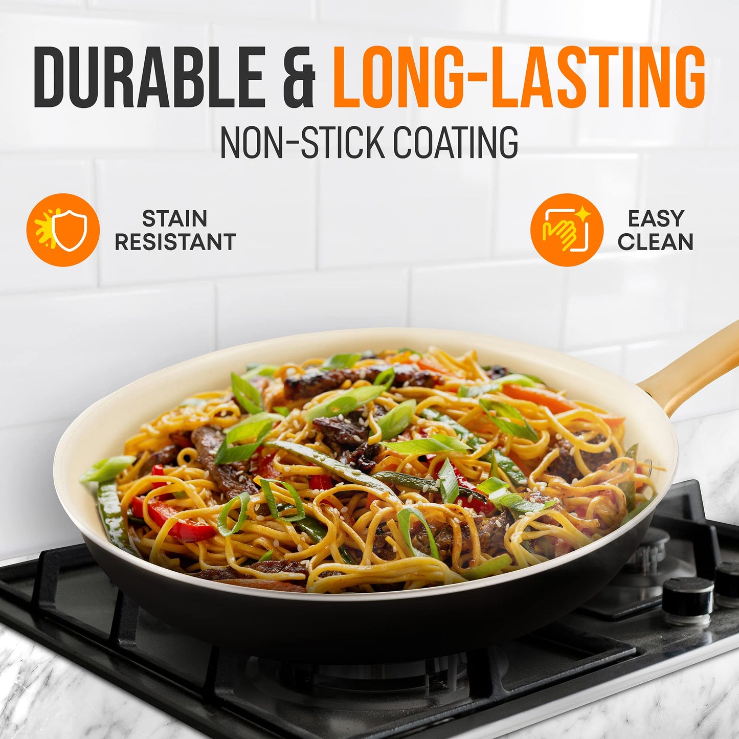 NutriChef 12-Inch Professional Ceramic Frying Pan - Large Skillet with Golden Titanium Handle, Non-Stick Ceramic Coating, Stain-Resistant, Easy to Clean, Ideal for Home Cooking