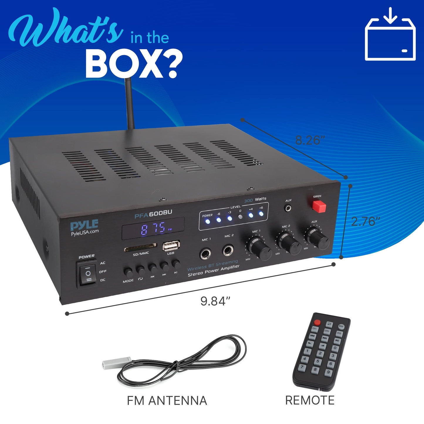 Pyle 300W Bluetooth Karaoke Amplifier - 2-Channel PA System with FM Radio - USB/SD - AUX - 2 Mic Inputs - Siren Alarm - 12V Power Option - Remote Control for Home - Car - Bus Tours - PFA600BU