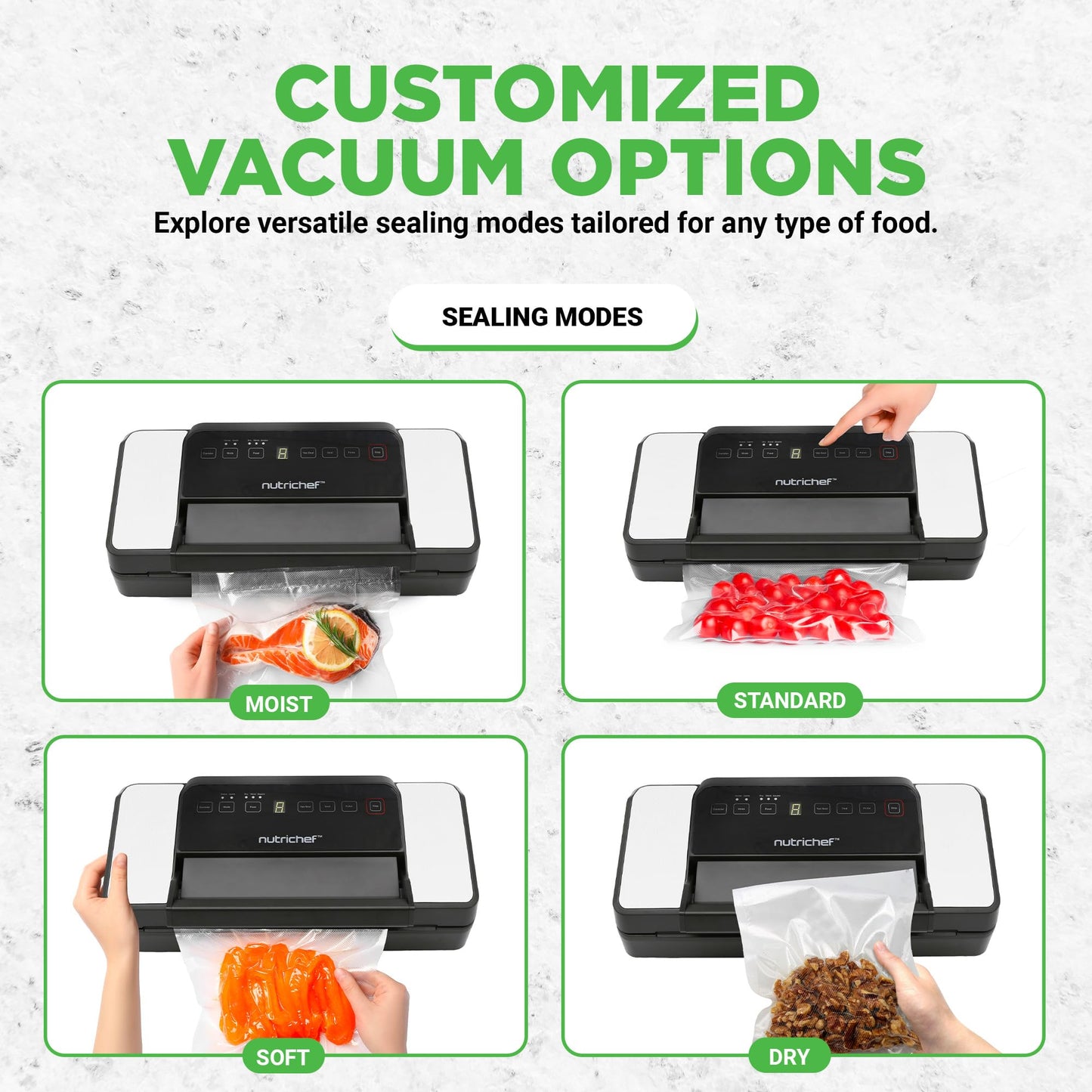 NutriChef Vacuum Sealer for Food (80Kpa) – Dry, Moist & Pulse Modes, Dual Seal, Built-in Roll Storage & Cutter, High-Power Suction, Durable Design, Includes Canister Hose & Bags