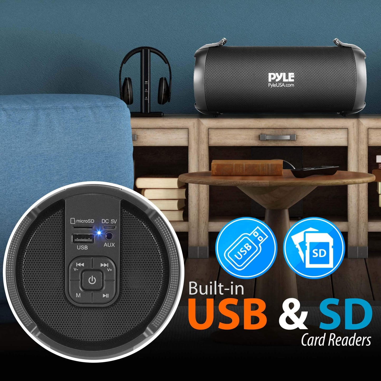 Pyle Wireless Portable Bluetooth Boombox Speaker – Rechargeable Music Barrel with AUX Input, USB/SD/MP3 Playback, FM Radio, 2.5" Tweeter – Loud Stereo Sound for Travel, Parties, Outdoors (PBMSPG3BK)