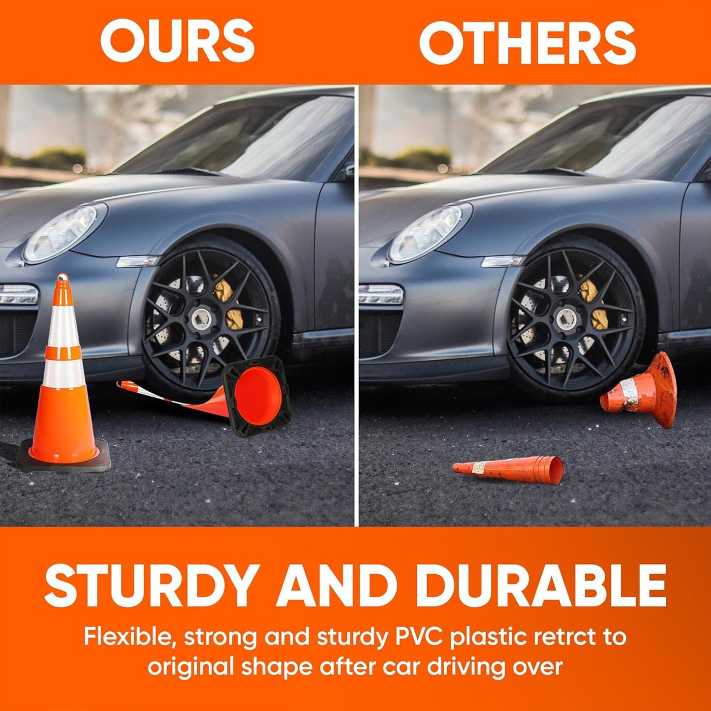 Pyle 28" PVC Traffic Cones, 4-Pack Safety Cones for Parking, Construction, Roadwork, & Sports Training, High-Visibility Orange, Durable, Stackable Design, Heavy-Duty Base for Stability in All Weather
