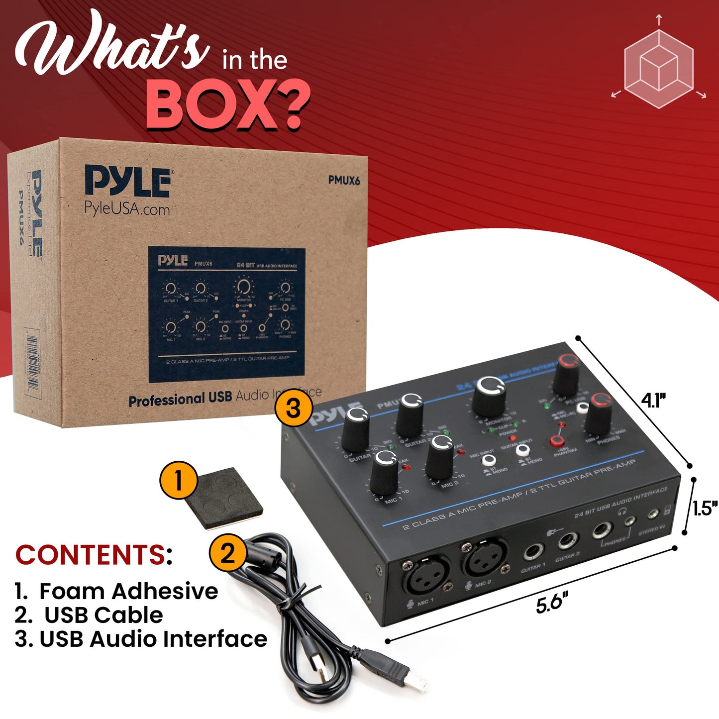 Pyle Professional USB Audio Interface - MIC/Guitar/AUX Stereo Inputs - Phone & Monitor Outputs - 48V Phantom Power - Ultra Low Noise - Compact Rugged Design - Ideal for PC Playing & Recording - PMUX6