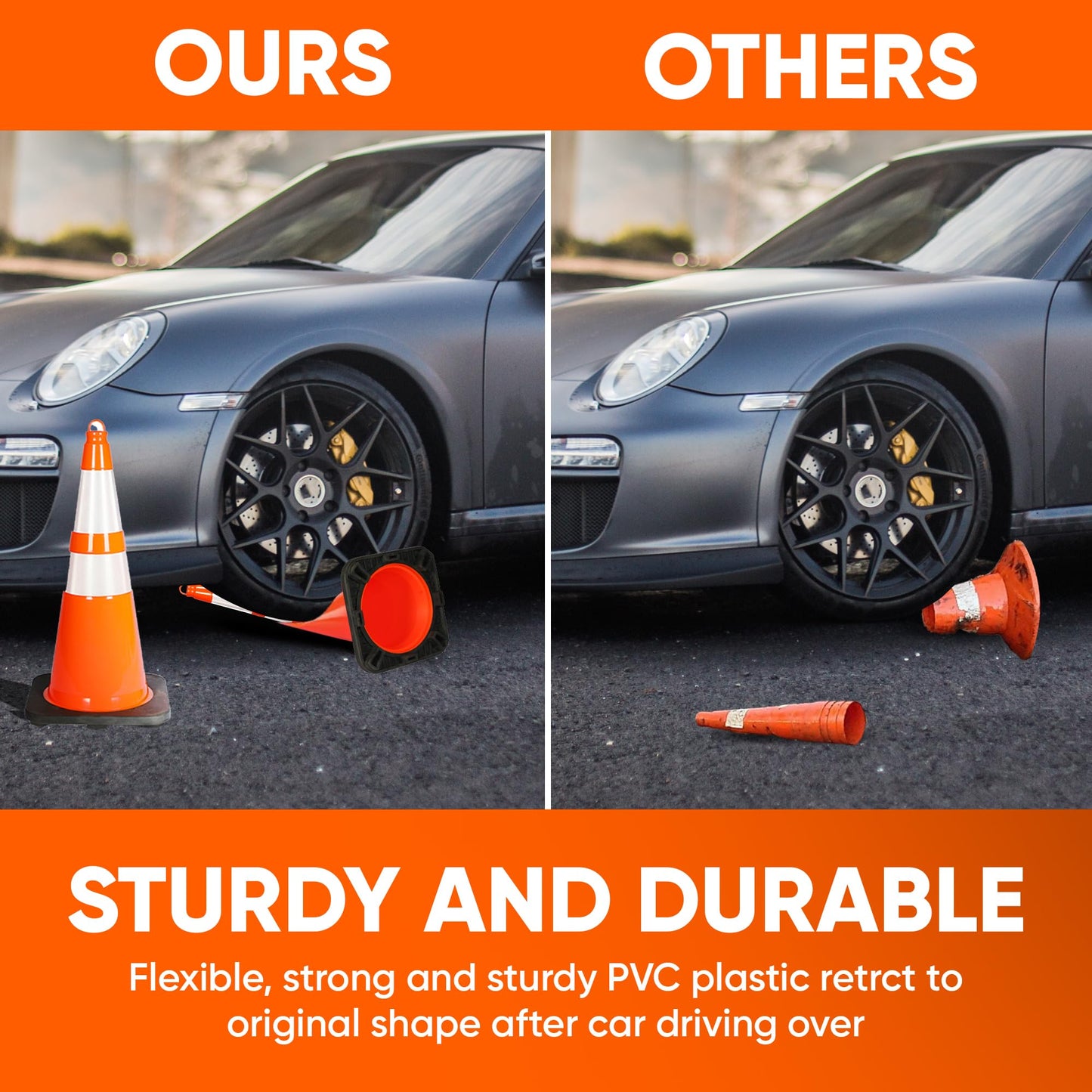 Pyle 28" PVC Traffic Cones, 10-Pack Safety Cones for Parking, Construction, Roadwork, & Sports Training, High-Visibility Orange, Durable, Stackable Design, Heavy-Duty Base for Stability in All Weather