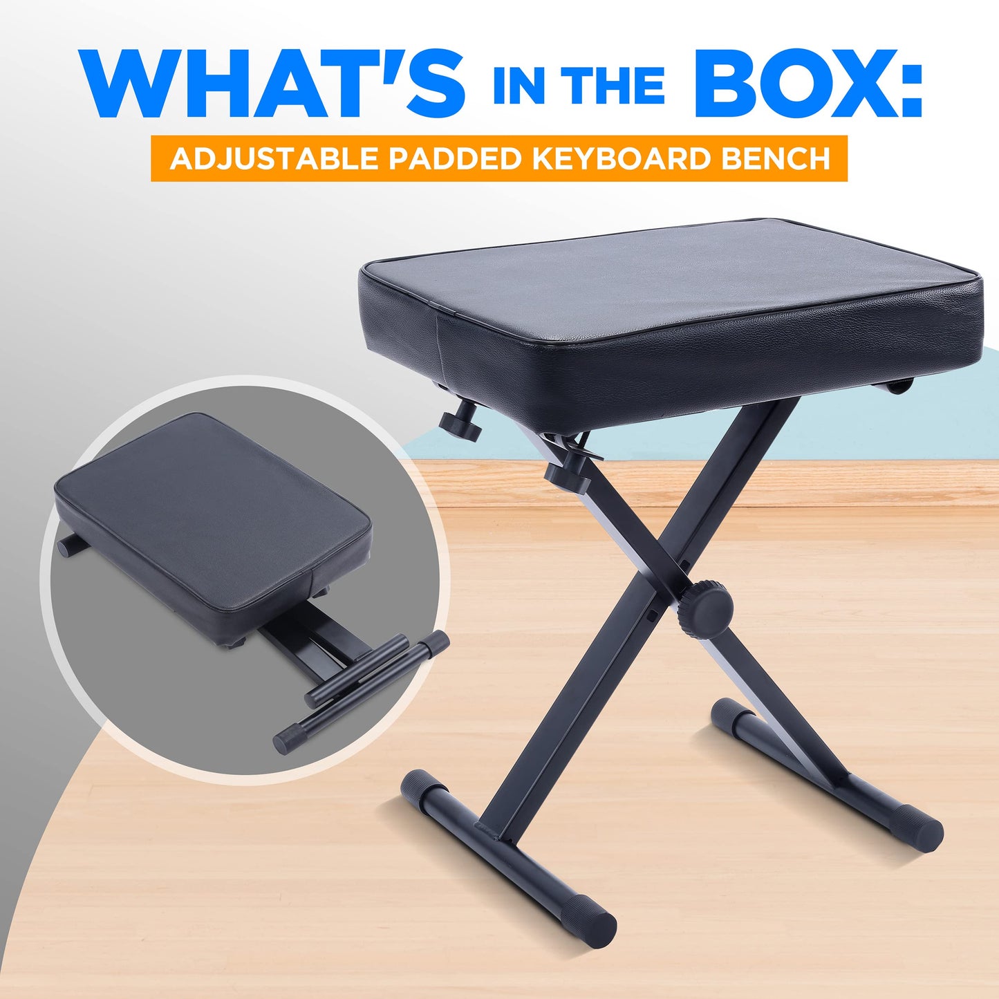 Pyle Adjustable Padded Keyboard X Bench, 21.2 - 23.2 Inches Height, 2.6'' Thick Fire-Retardant Sponge Padding Designed to Fit Users of all Sizes and Playing Styles, Foldable Design for Easy Transport