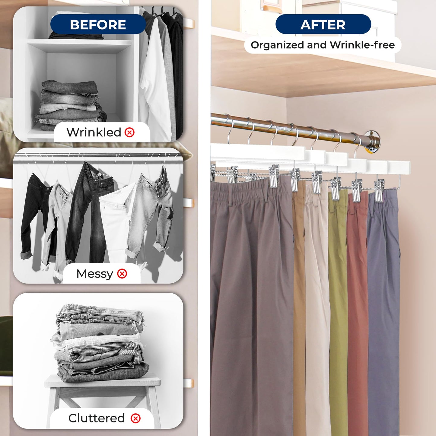 SereneLife 10 Pack Wooden Pants Hangers with Clips – Premium Heavy Duty Clothes Hangers for Jeans, Slacks, Skirts, Shorts, Uniforms – 360° Swivel Hook, Adjustable Clips, 13.97"x0.5"x6.69" (White)