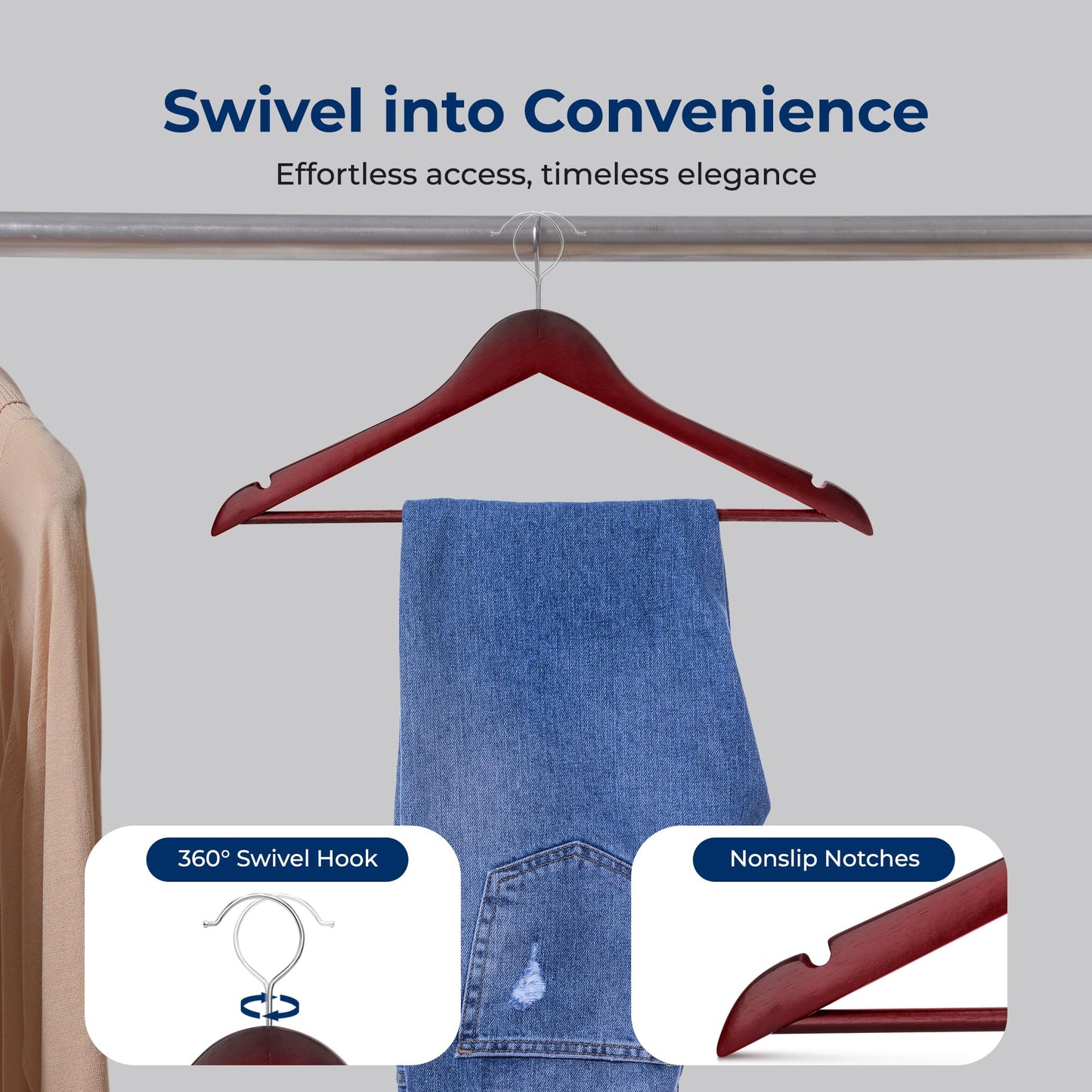 SereneLife 30 Pack Wooden Coat Hangers – Durable Suit Hangers with 360° Swivel Hook & Notches – Slim Design for Shirts, Jackets, Dresses, and More