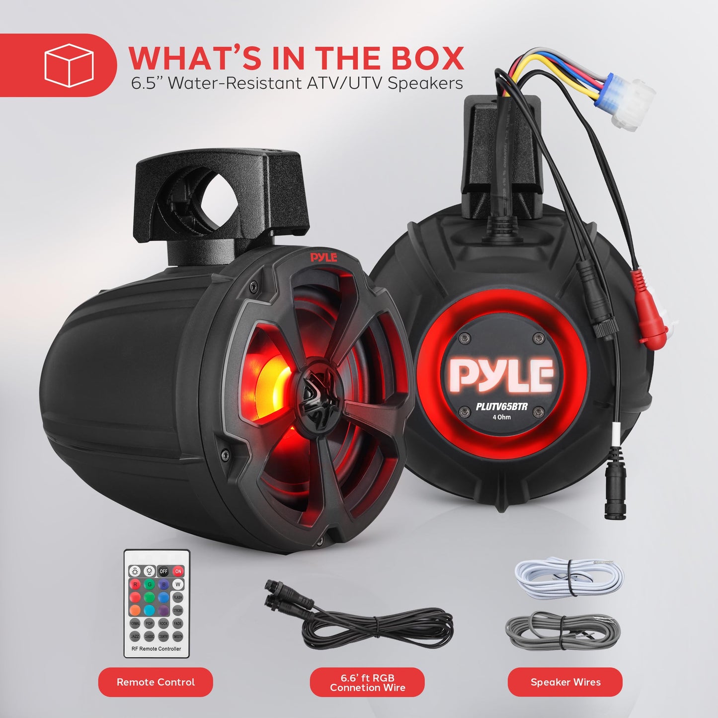 Pyle Marine Speakers, Boat Speakers, Waterproof Speakers, 6.5’’ Water-Resistant Bluetooth, 1200 Watt, RGB Lights, Remote Control, Aux Input, Universal Mounting Brackets, ATV, UTV, Jeep, PLUTV65BTR