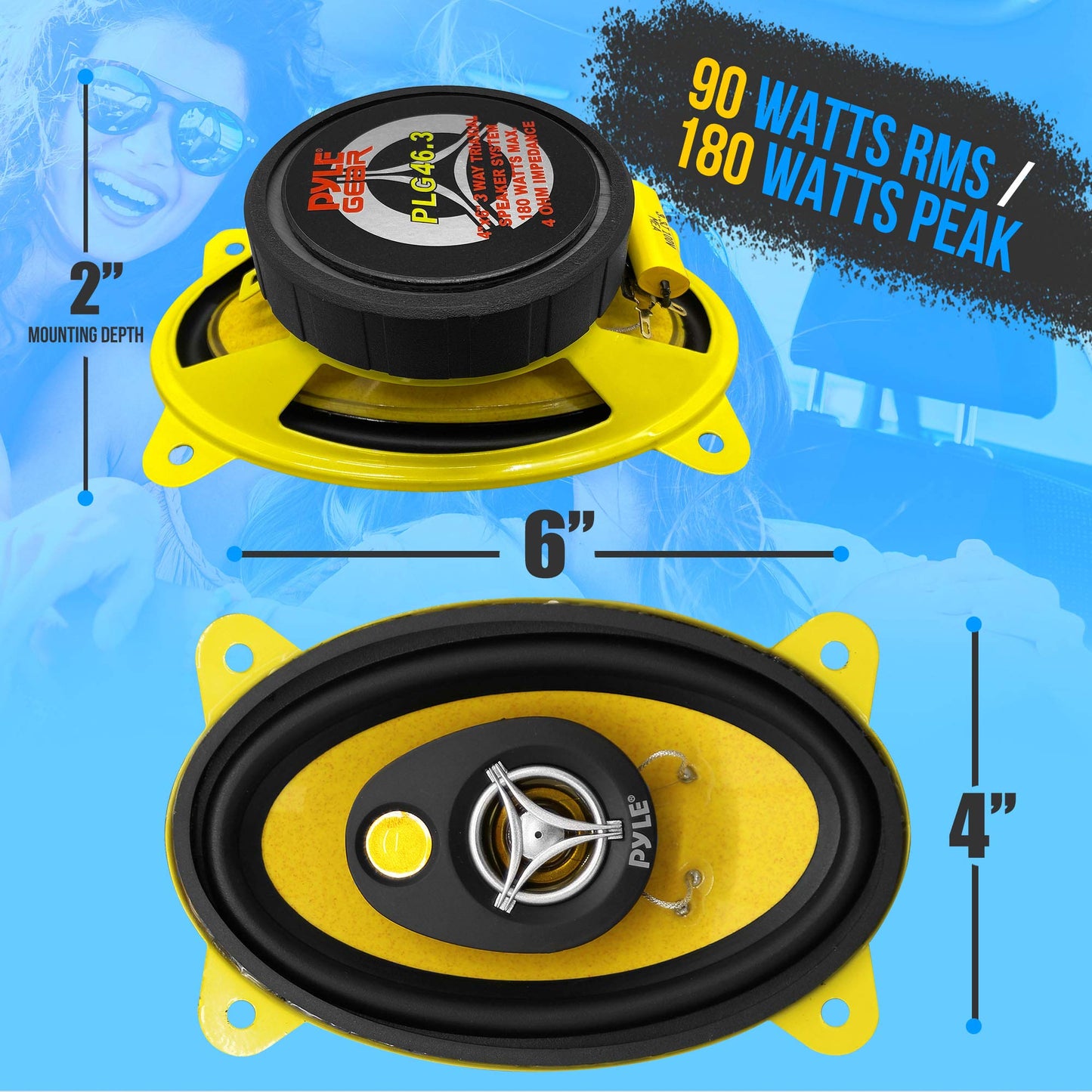 Pyle Car Three-Way Speaker System-Pro 4x6Inch 180W 4Ohm Mid Tweeter Component Audio Sound Speakers For Car Stereo w/30Oz Magnet Structure, 2” Mount Depth Fits Standard OEM-PLG46.3 (Pair),Black/Yellow