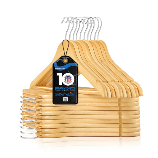 SereneLife 10-Pack Wooden Coat Hangers – Durable Suit Hangers with 360° Swivel Hook & Notches – Slim Design for Sweater, Shirts, Jackets, Dresses, and More