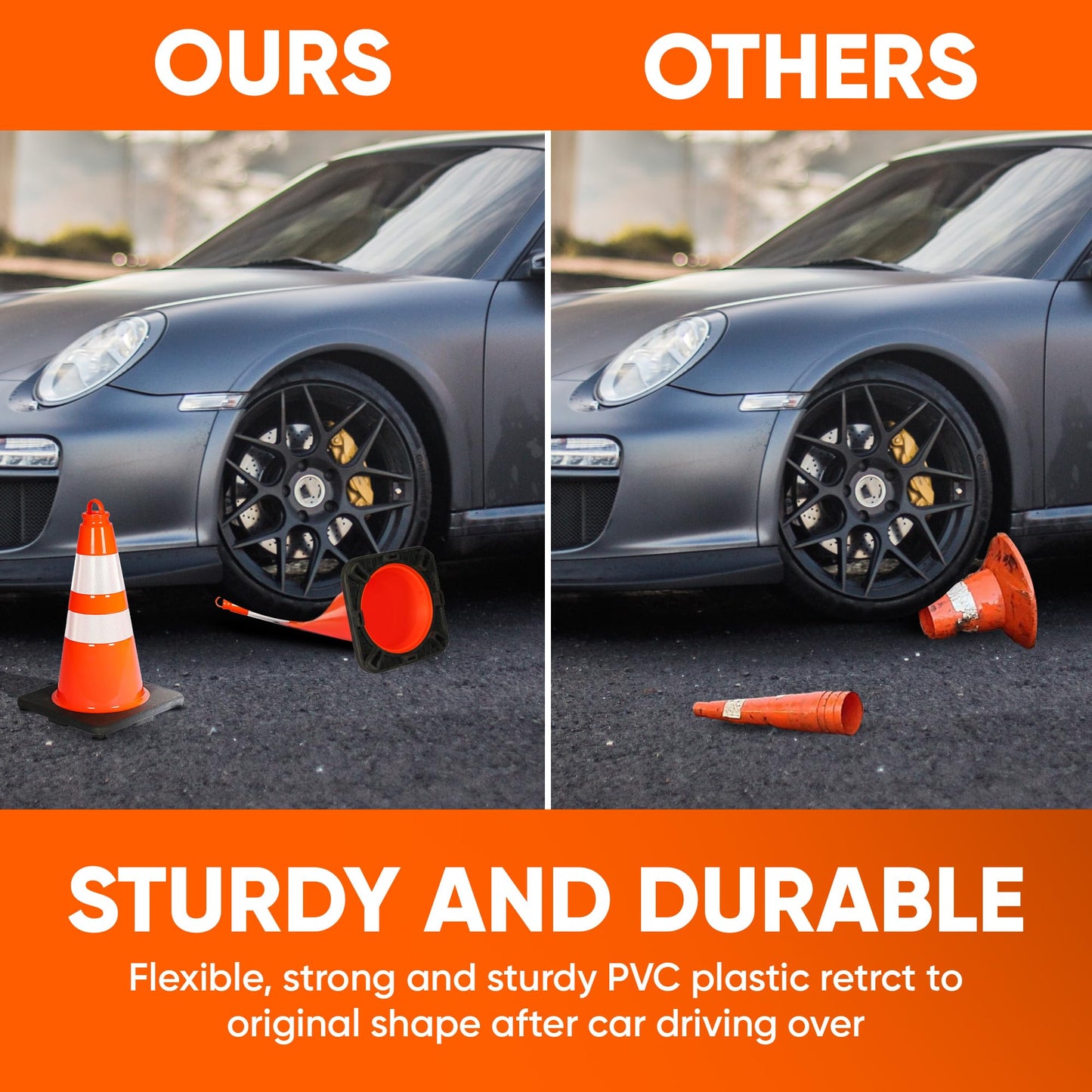 Pyle 18" PVC Traffic Cones, 6-Pack Safety Cones for Parking, Construction, Roadwork, & Sports Training, High-Visibility Orange, Durable, Stackable Design, Heavy-Duty Base for Stability in All Weather