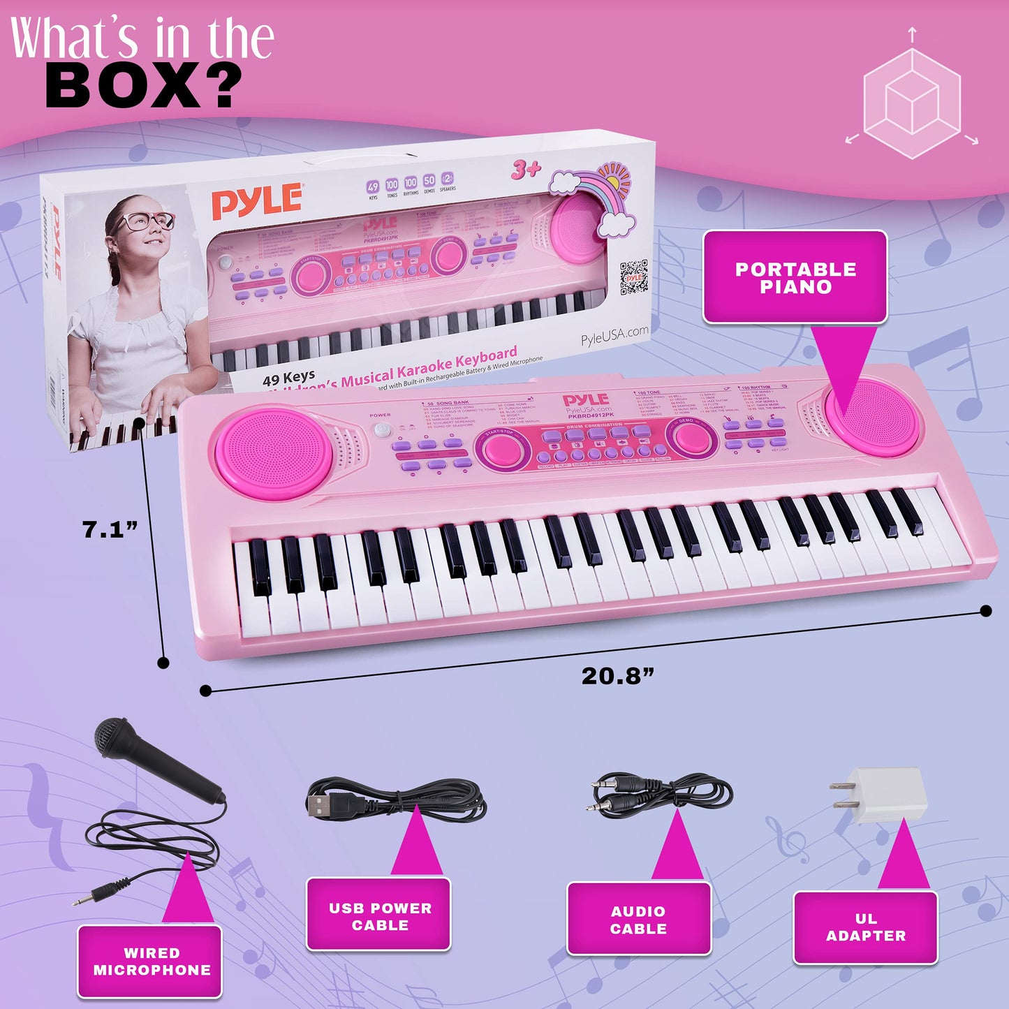 Pyle, 49, Electric Keyboard Piano, Music Keyboard-49 Keys, Karaoke Fun, Rechargeable Battery, Wired Microphone, 100 Tunes, 50 Demos, Aux Input, Compact Design, (PKBRD4912PK)