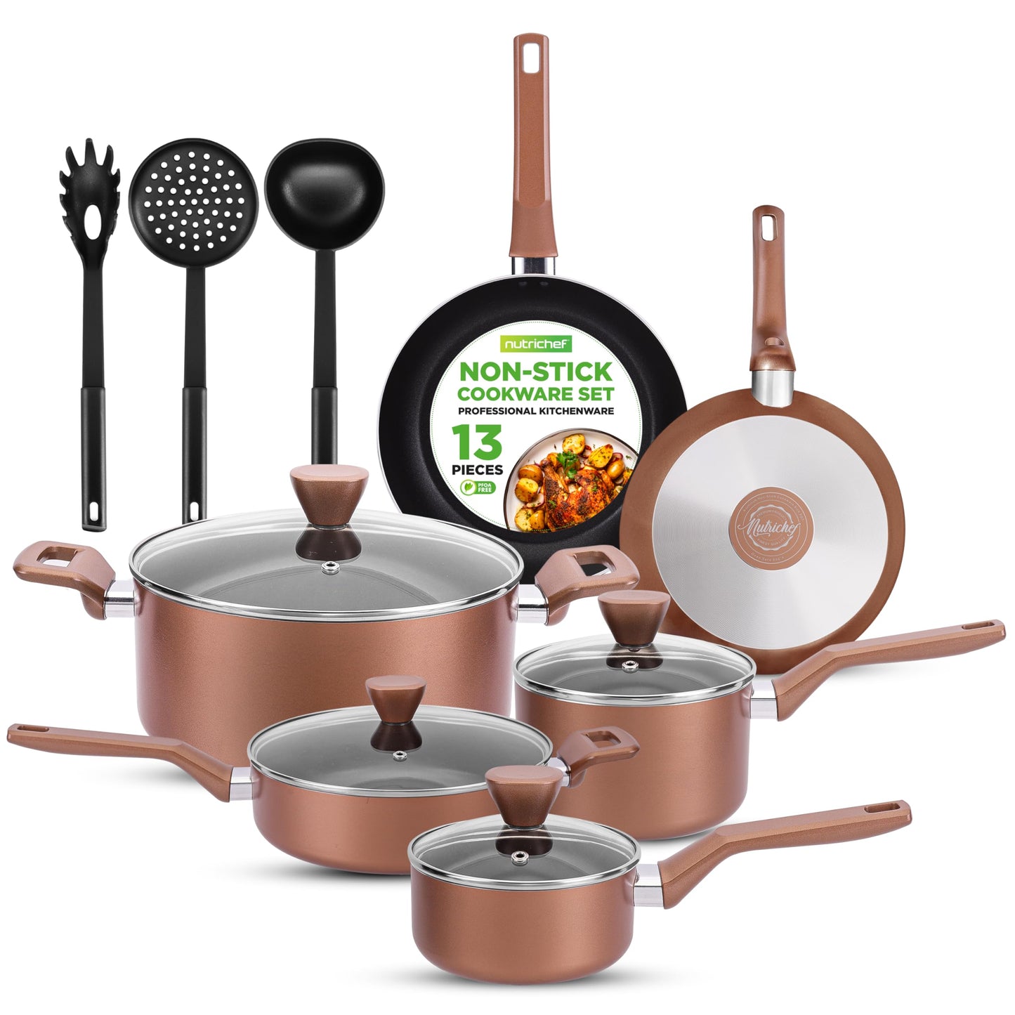 NutriChef 13 Pcs. Nonstick Kitchen Cookware PFOA/PFOS-Free Heat Resistant Kitchenware Set w/Saucepan, Frying Pans, Cooking Pots, Casserole, Lids, & Utensils, Brown, NCCWA13BR