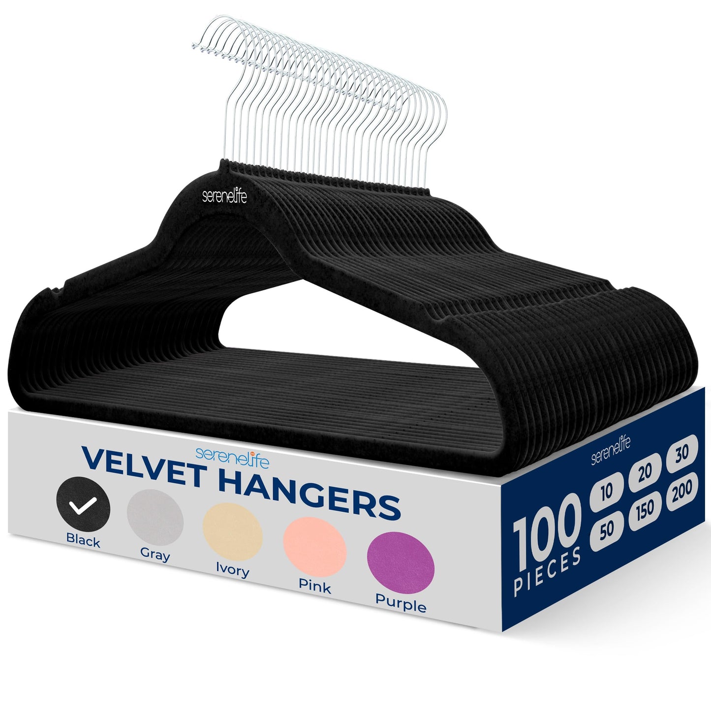SereneLife 100-Pack Velvet Hangers – Slim, Non-Slip Design with Swivel Hook – Heavy-Duty Closet Organizer for Shirts, Pants & Dresses – Lightweight, Space-Saving Storage Solution – Black