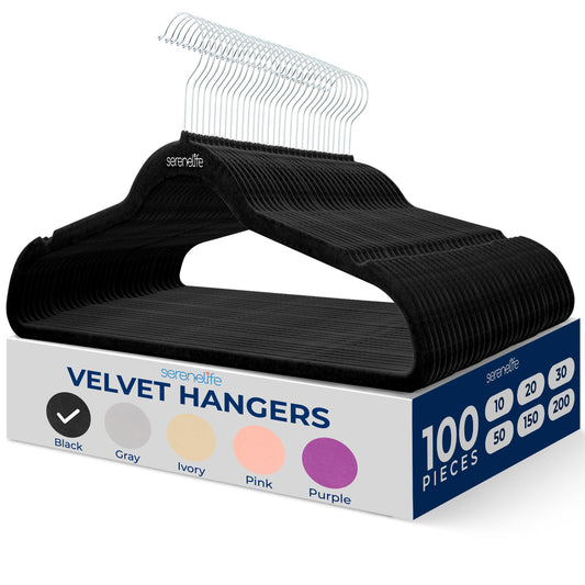 SereneLife 100-Pack Velvet Hangers – Slim, Non-Slip Design with Swivel Hook – Heavy-Duty Closet Organizer for Shirts, Pants & Dresses – Lightweight, Space-Saving Storage Solution – Black