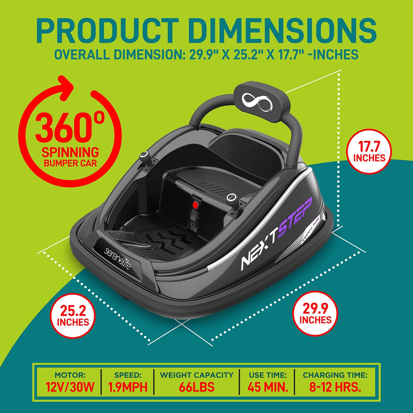 SereneLife 12V Electric Bumper Car for Kids – Remote Control Option, 360° Spin, LED Lights, Safety Belt, Kids Toddler Baby Bumper Car 3-8 Years (Black)