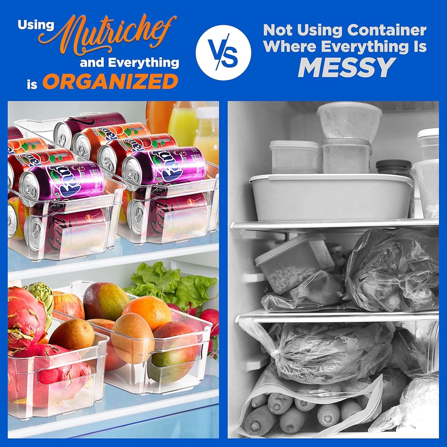 NutriChef 6-Piece Clear Refrigerator Organizer Set – 5 Wide Bins & 1 Egg Holder, BPA-Free, for Fridge, Freezer, Pantry, Cabinets & Countertops