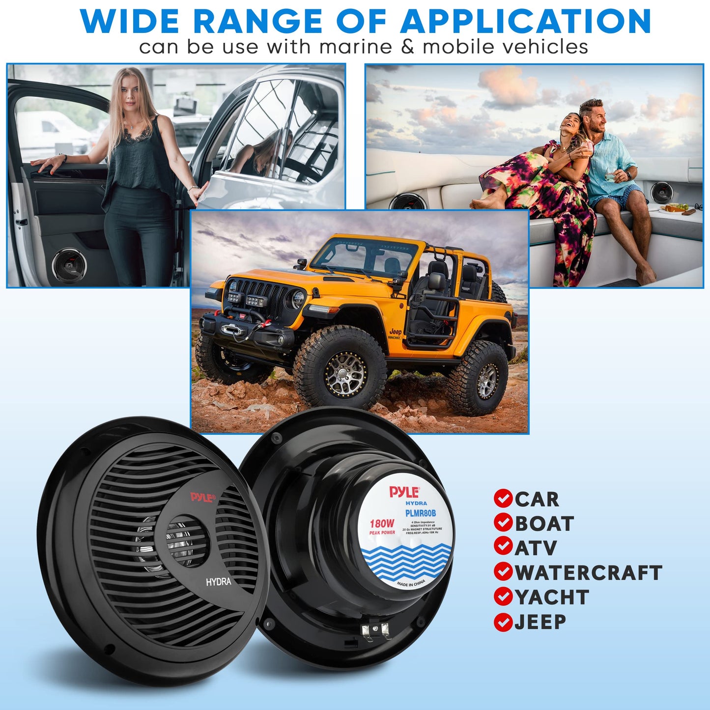 Pyle Marine Speakers, Boat Speakers, Marine Speaker - Dual 180W 4 Ohm, Waterproof, PP Cone, Rubber Surround, 20 Oz Magnet, 1.5" Voice Coil, Includes Speaker Wire & Mounting Hardware